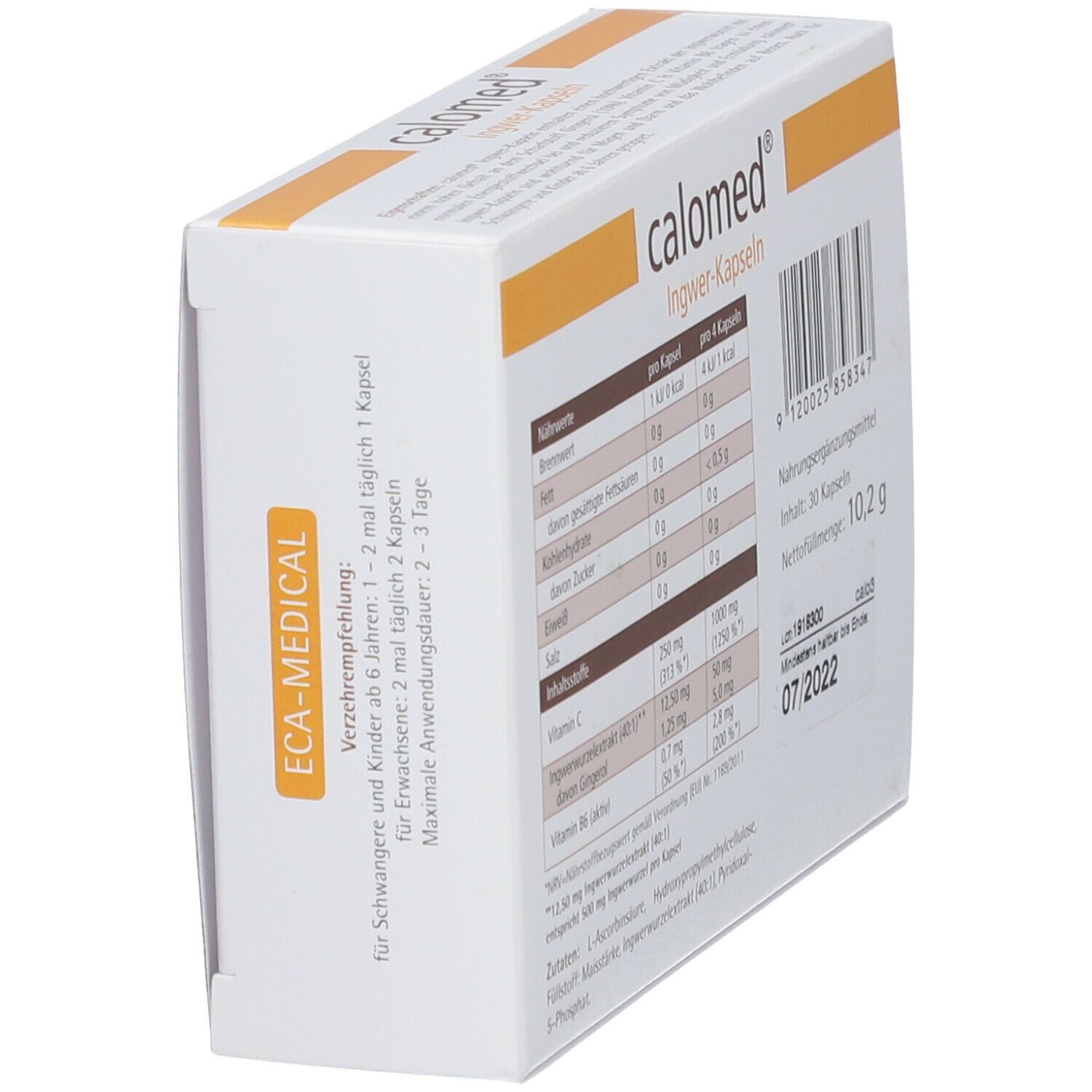 Schrägansicht der Rückseite der calomed® Ingwer-Kapseln-Verpackung. Enthält Nährwertangaben, Zutaten, und Mindesthaltbarkeitsdatum. Text in Deutsch.