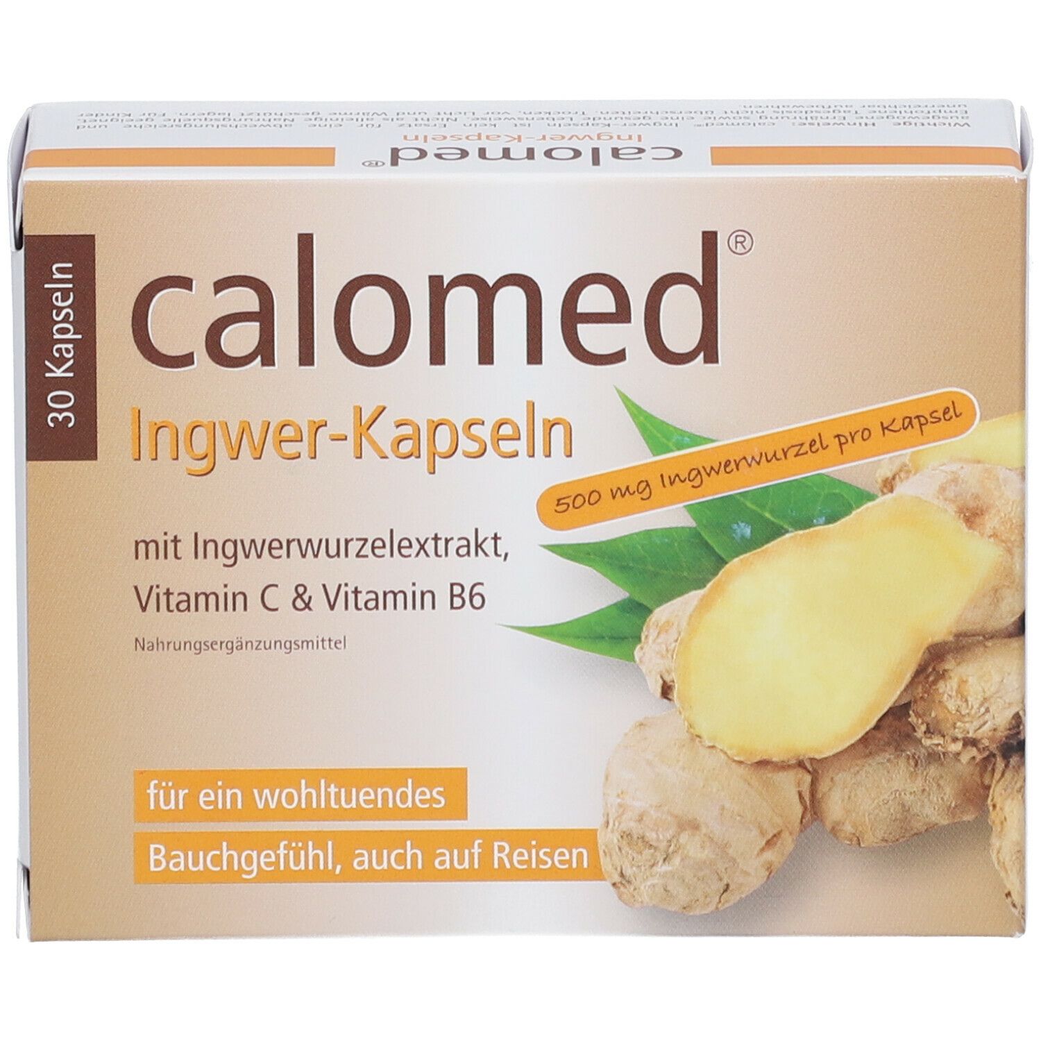 Karton mit calomed® Ingwer-Kapseln. Aufschrift: 30 Kapseln, Ingwer-Kapseln, Ingwerwurzelextrakt, Vitamin C & B6. Abbildung von Ingwer.
