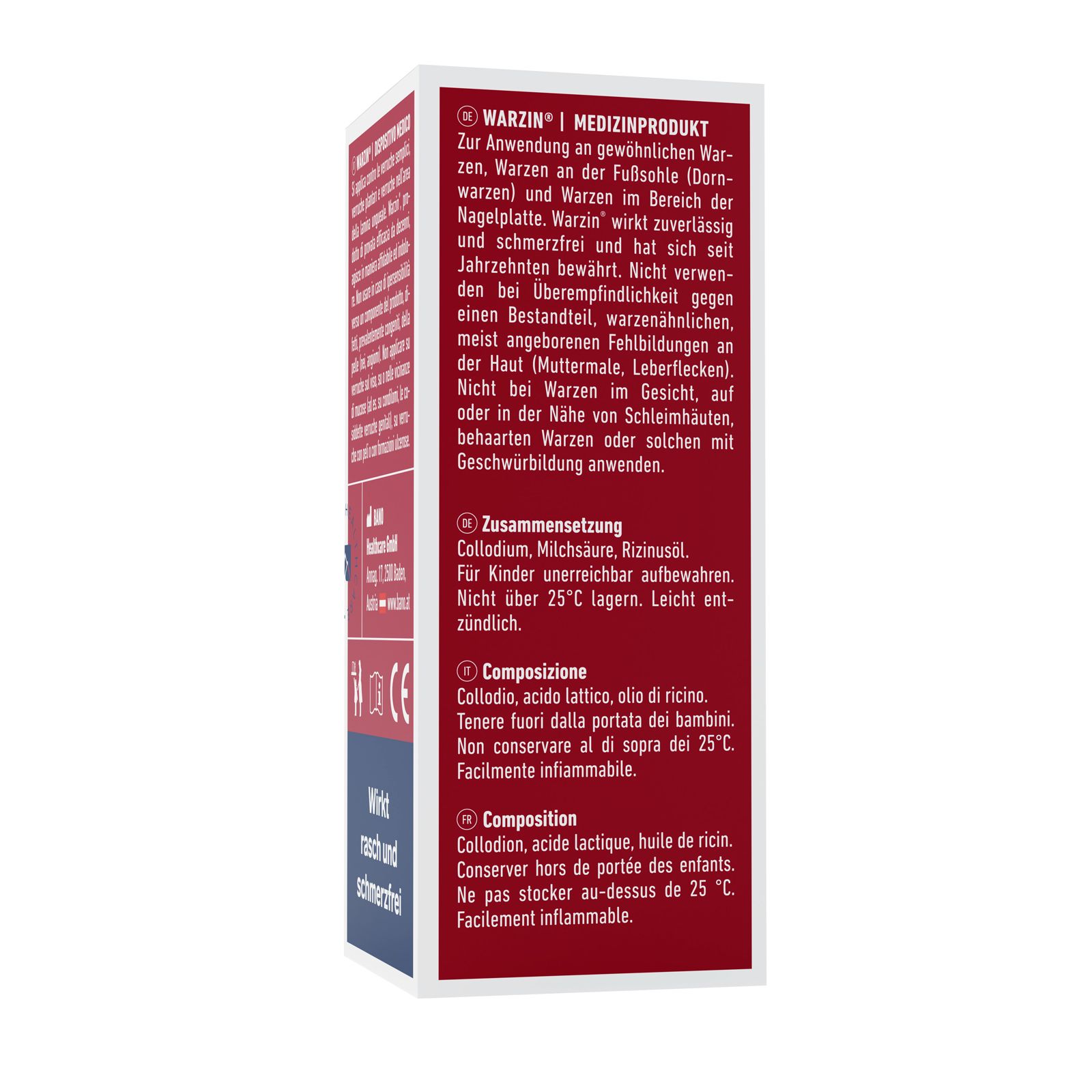 WARZIN® Verpackung. Rote Verpackung mit weißer Schrift. Enthält Informationen zu Inhaltsstoffen und Anwendung in mehreren Sprachen.