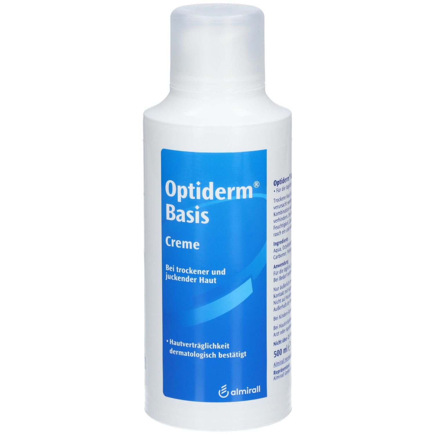 Weiße Flasche Optiderm Basis Creme. Blaues Etikett mit Produktnamen und Text. Dermatologisch getestet.
