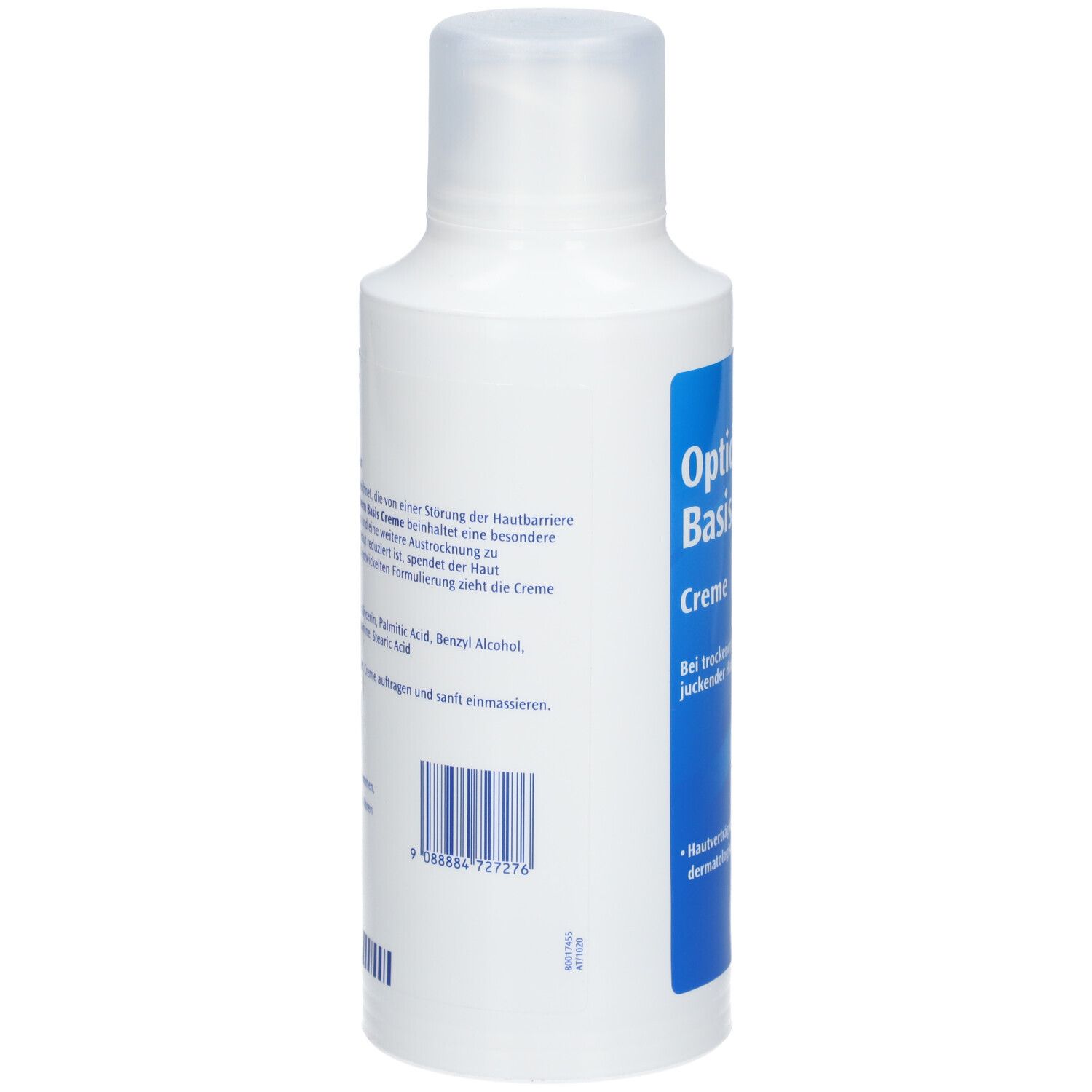 Weiße Flasche Optiderm Basis Creme. Rückseite mit Text und Barcode. Blauer Streifen mit Produktnamen.