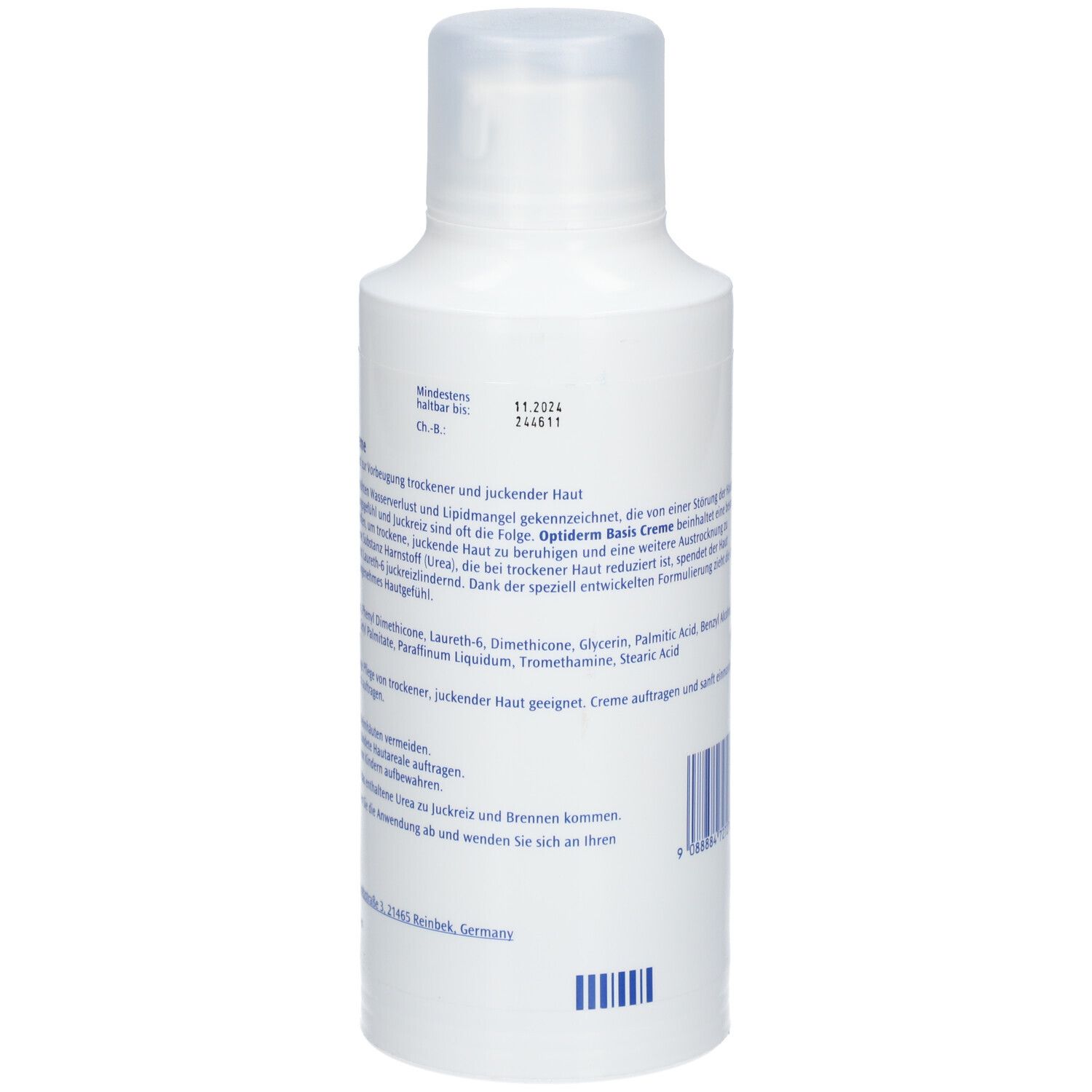 Weiße Flasche Optiderm Basis Creme. Rückseite mit Text, Inhaltsstoffen und Barcode. Haltbarkeitsdatum.