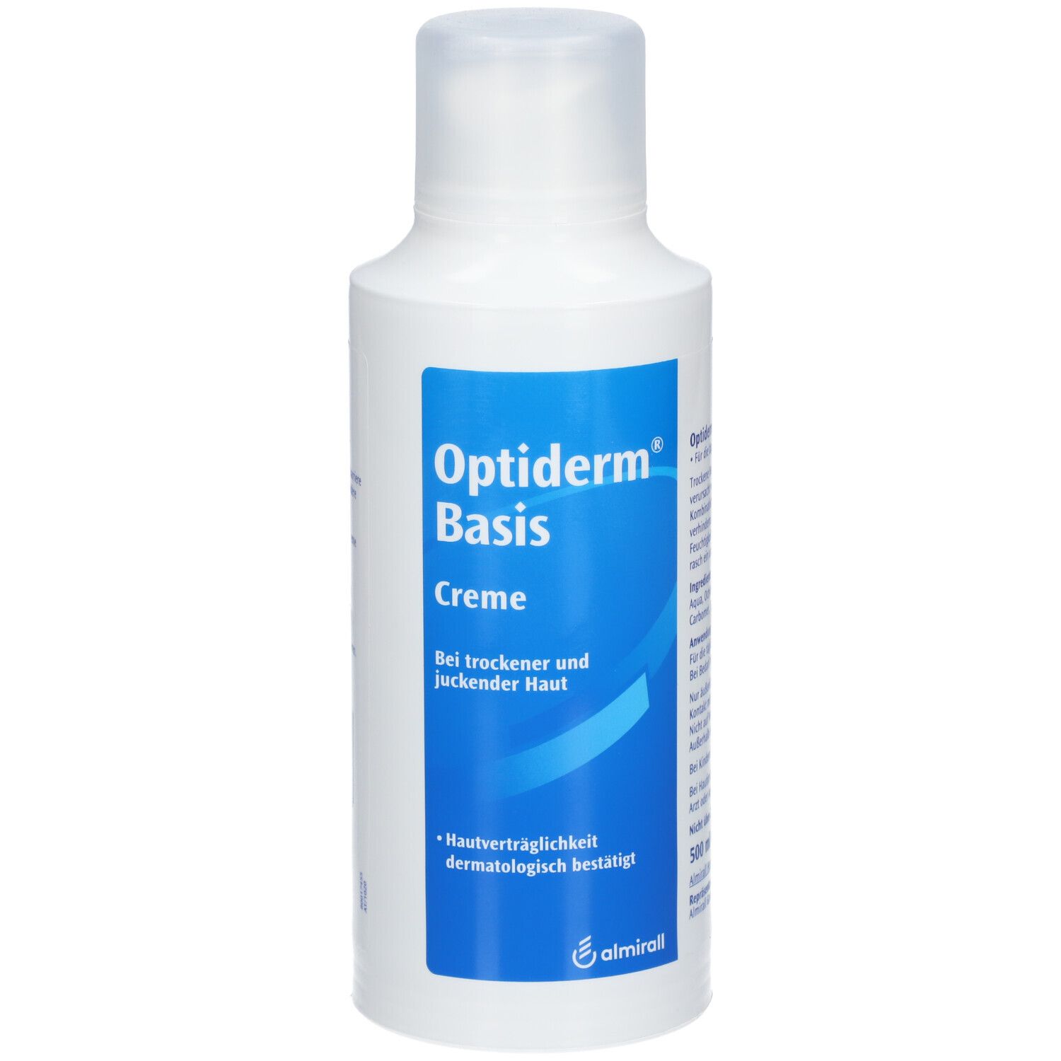 Weiße Flasche Optiderm Basis Creme. Blaues Etikett mit Produktnamen und Text. Dermatologisch getestet.