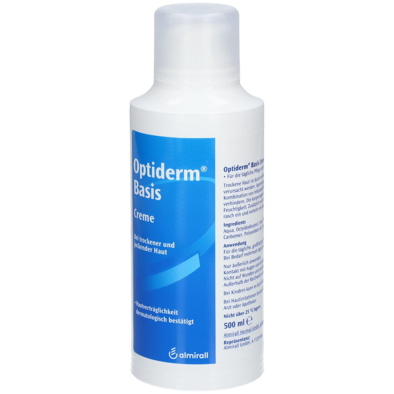 Weiße Flasche Optiderm Basis Creme. Blaues Etikett mit Produktnamen und Text. 500 ml. Dermatologisch getestet.