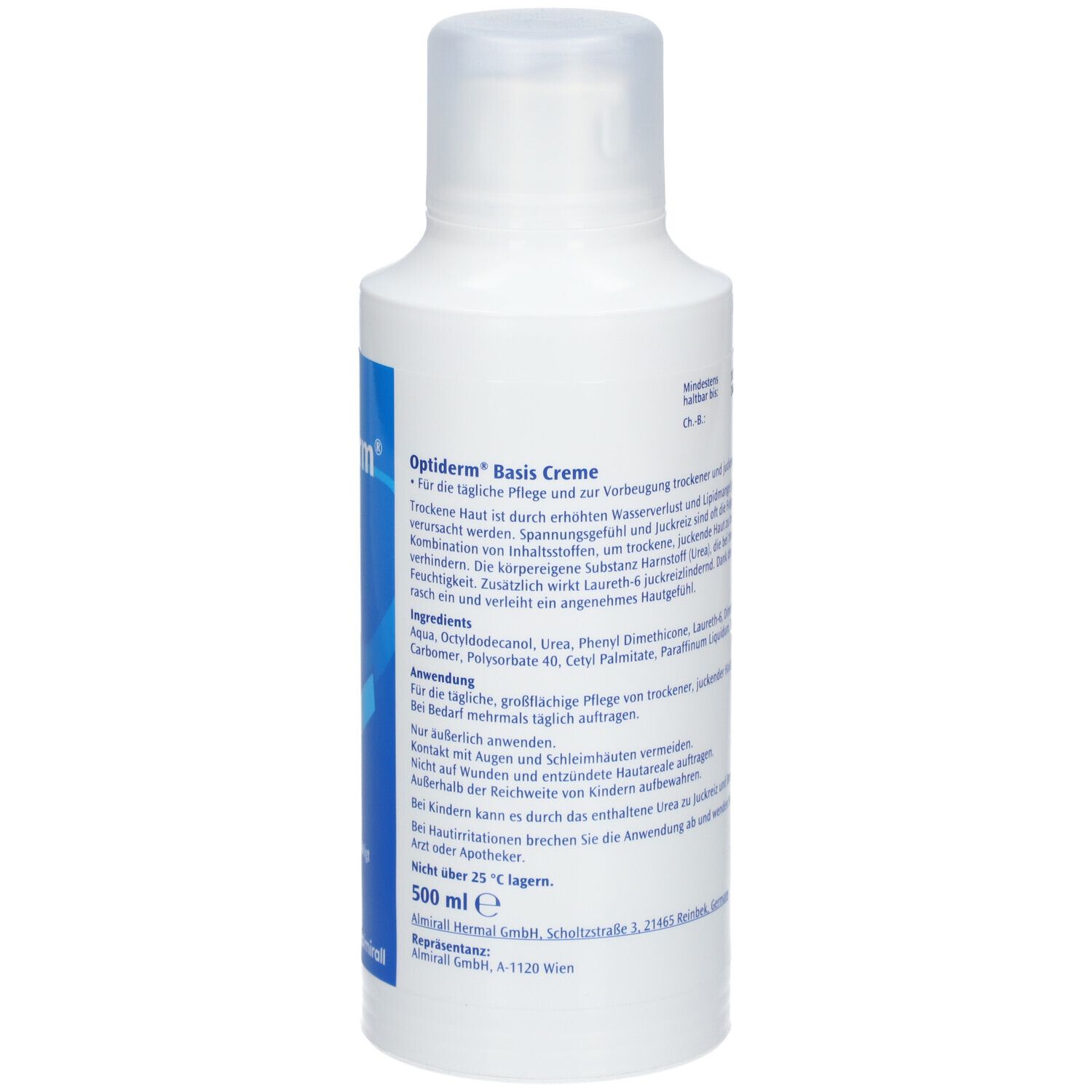 Weiße Flasche Optiderm Basis Creme. Rückseite mit Text, Inhaltsstoffen und 500 ml. Dermatologisch getestet.