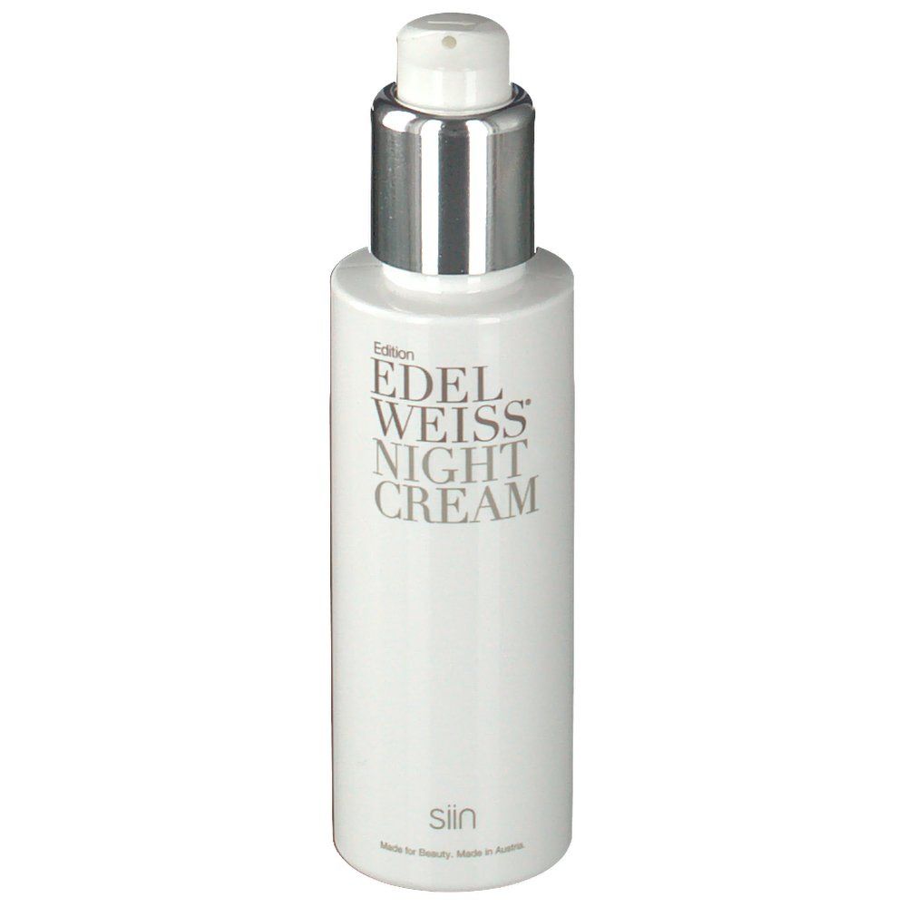 Weiße Flasche mit silbernem Pumpkopf. Aufschrift: Edition Edelweiss Night Cream. Marke: siin.