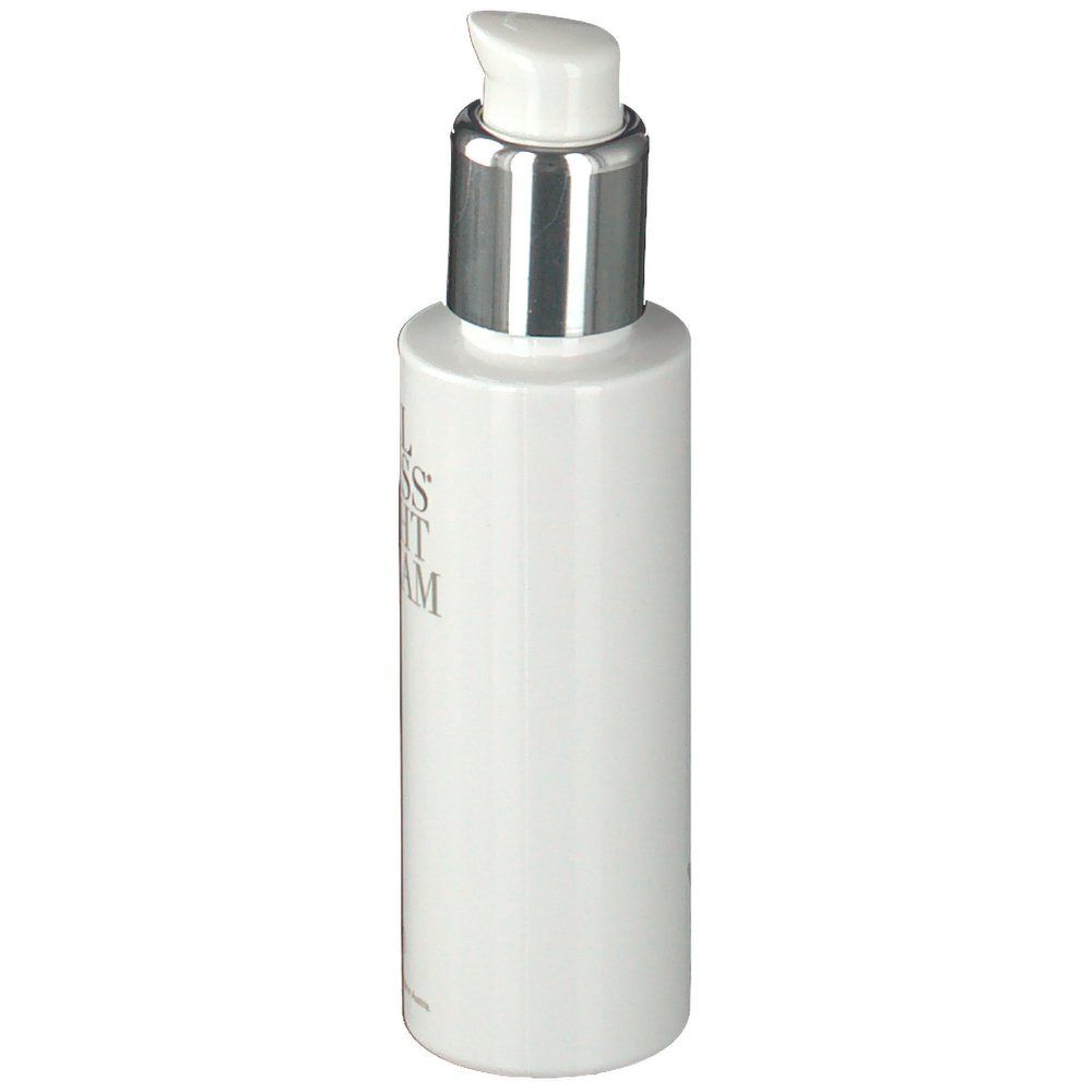 Weiße Flasche mit silbernem Pumpkopf. Aufschrift: Edelweiss Night Cream.