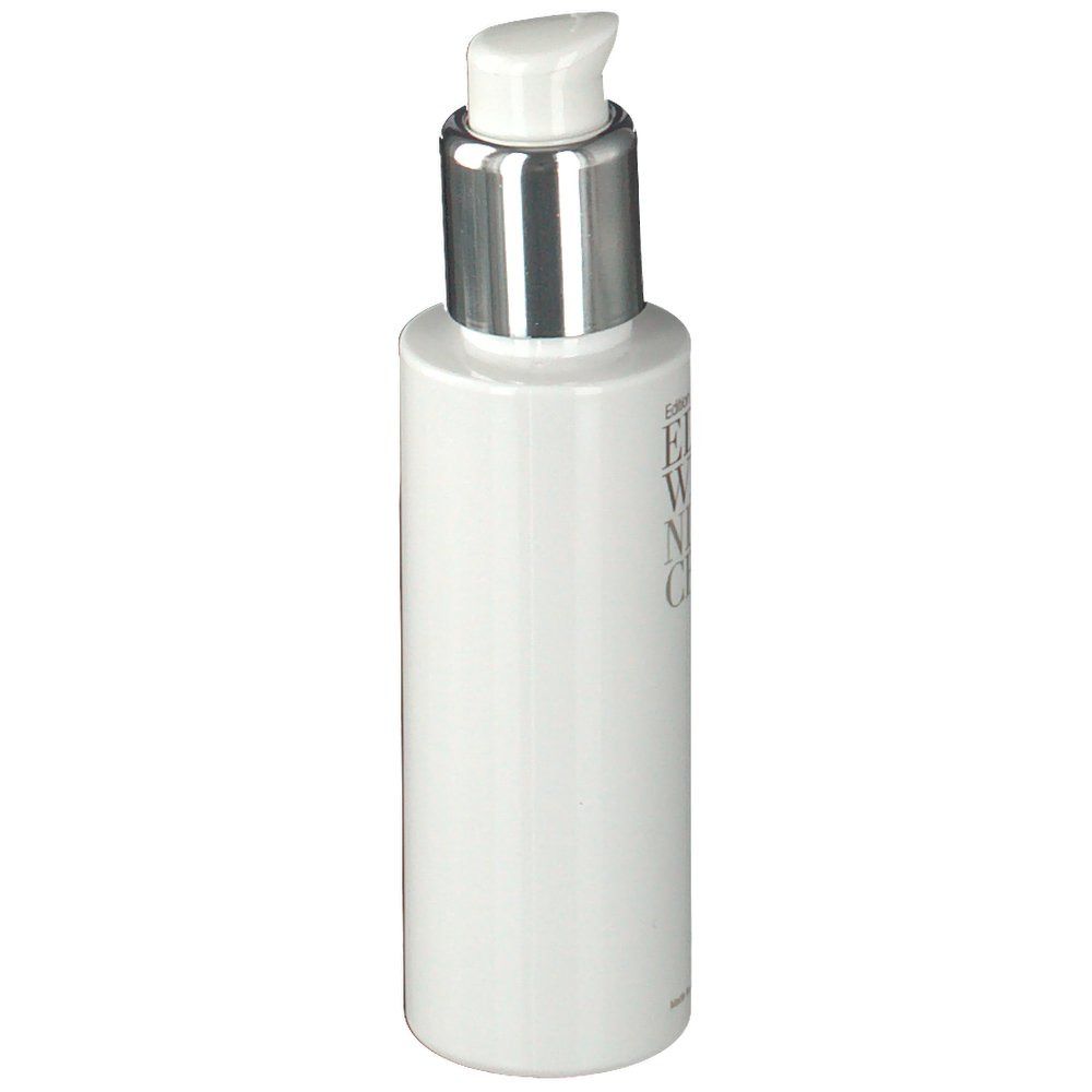 Weiße Flasche mit silbernem Pumpkopf. Aufschrift: Edelweiss Night Cream.