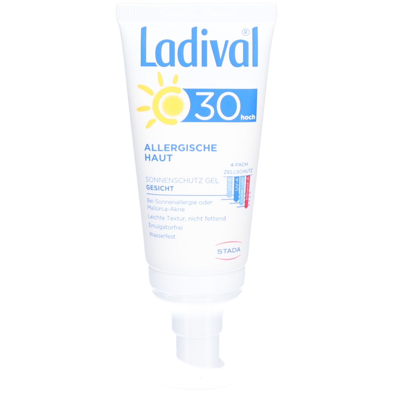 Weiße Tube mit blauem Schriftzug Ladival, gelbem Sonnensymbol und Aufschrift 30 hoch. Für allergische Haut, Sonnenschutzgel.