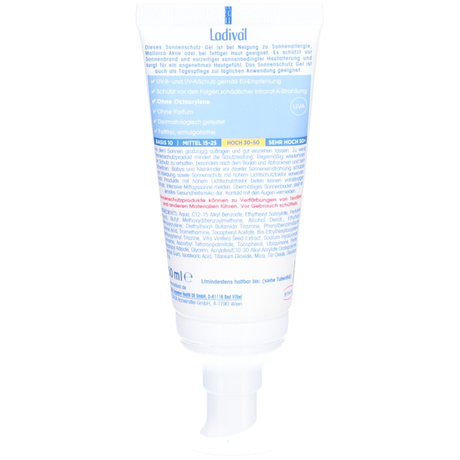 Rückseite der Tube mit Produktinformationen und Inhaltsstoffen. Text in deutscher Sprache. Weiße Tube mit blauem Schriftzug.