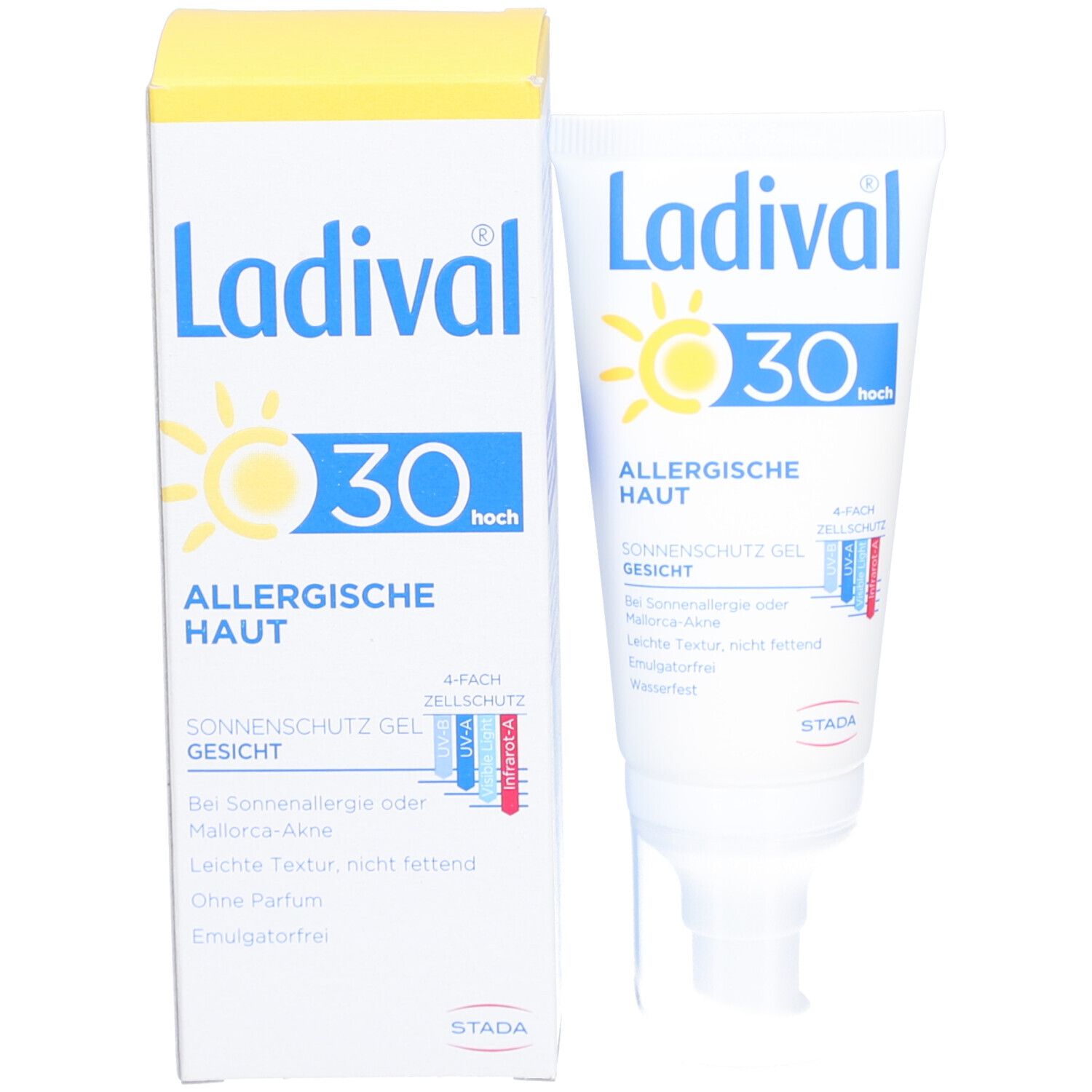Produktverpackung mit Tube und Karton. Karton mit blauem Schriftzug Ladival, gelbem Sonnensymbol und Aufschrift 30 hoch.