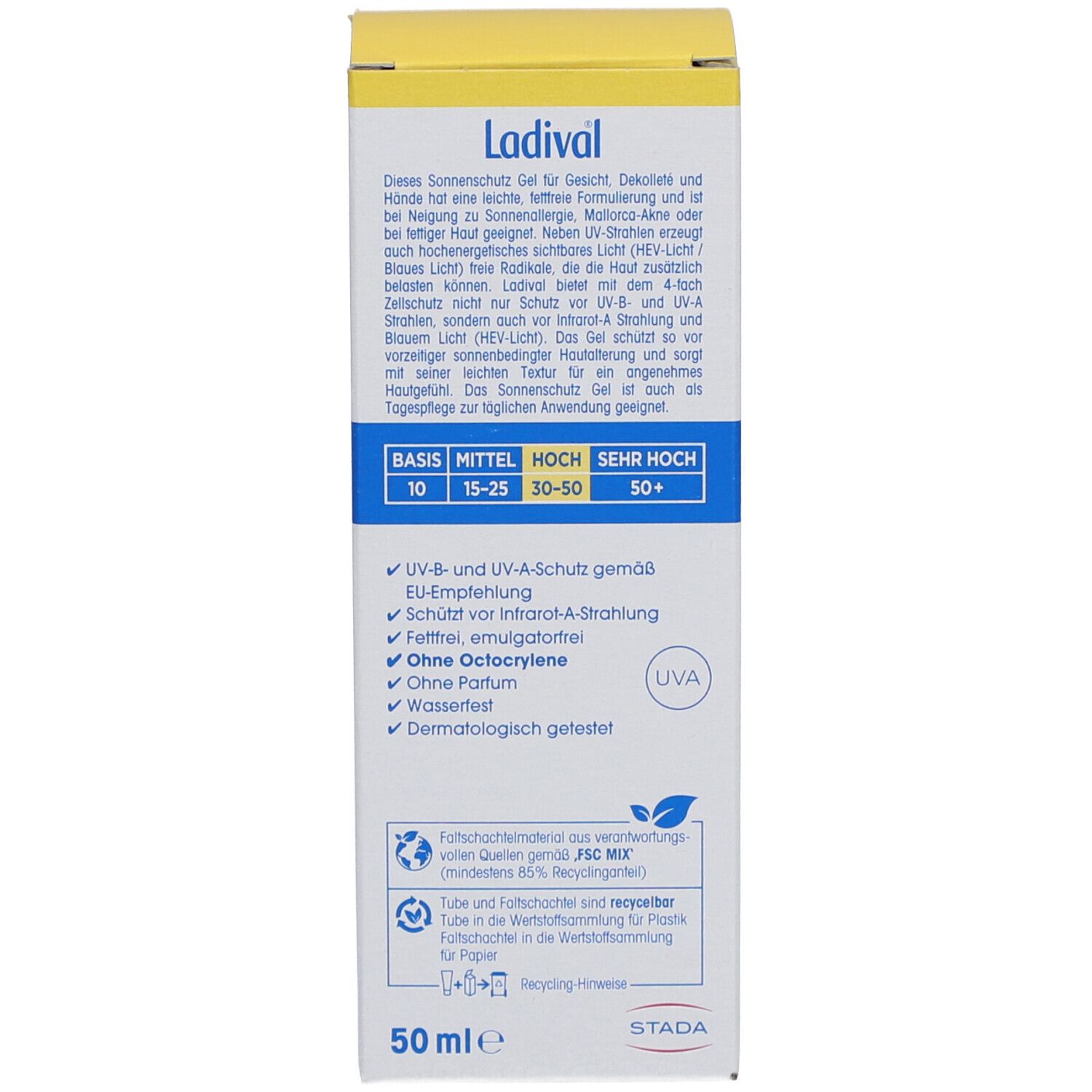 Rückseite der Kartonverpackung mit Produktinformationen. Text in deutscher Sprache. Gelber Deckel, blauer Schriftzug Ladival.