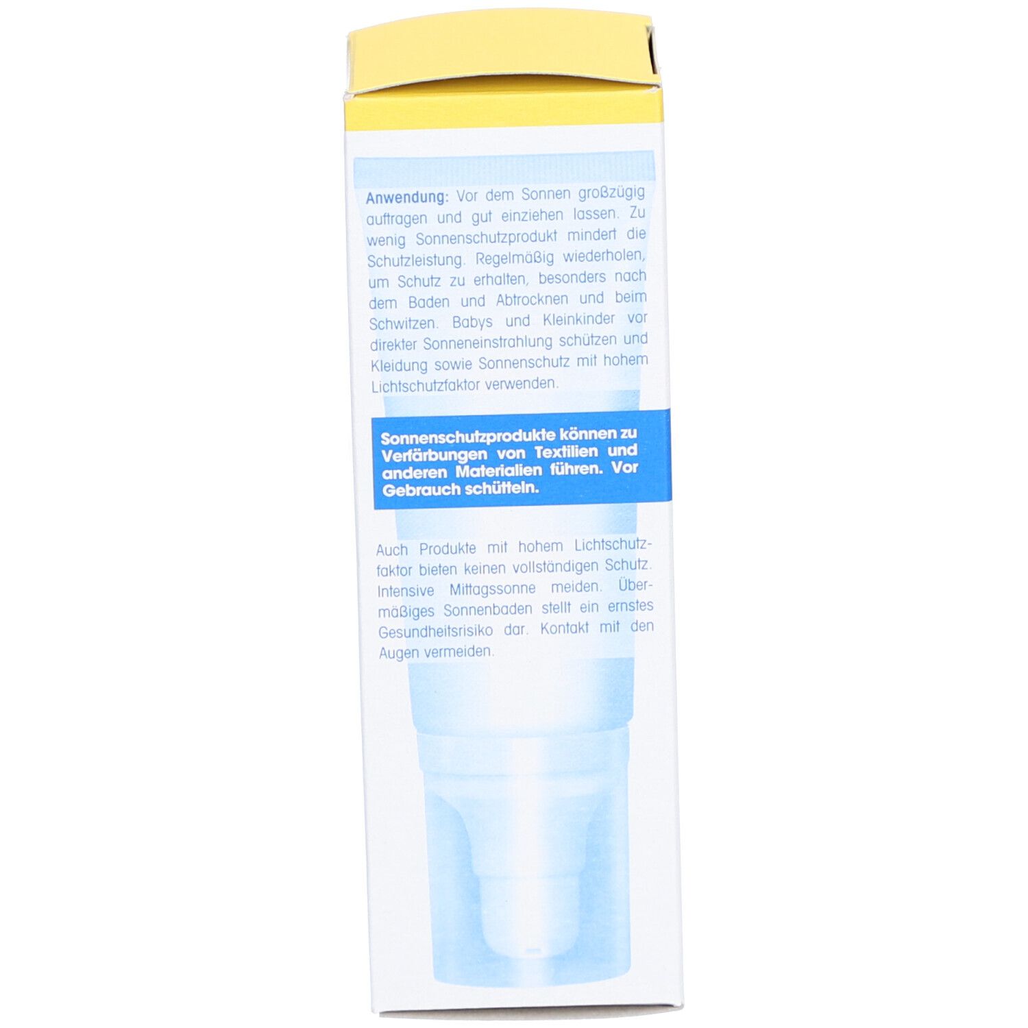 Rückseite der Kartonverpackung mit Anwendungshinweisen. Text in deutscher Sprache. Gelber Deckel, blauer Schriftzug Ladival.