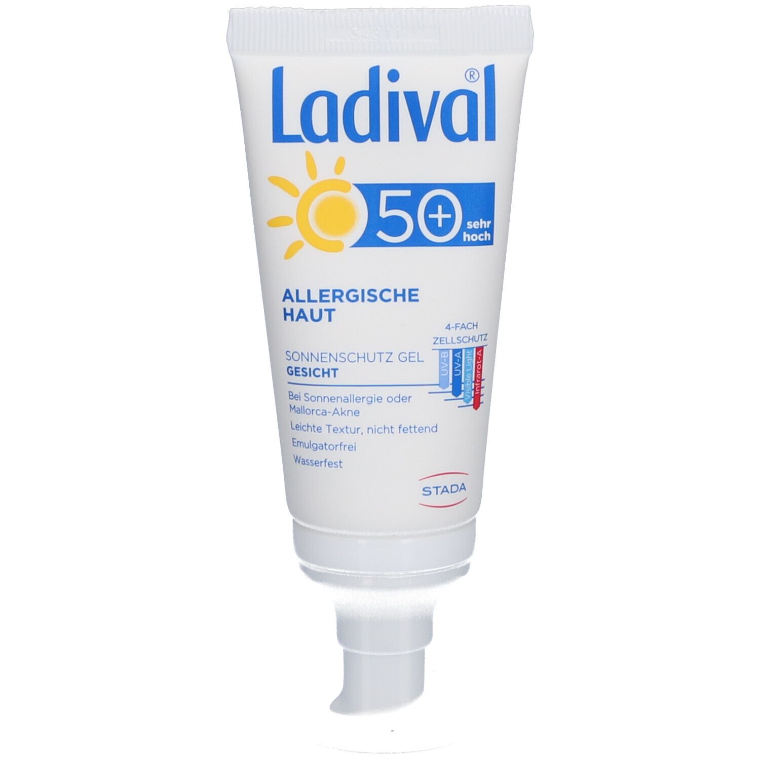 Weiße Tube mit Ladival-Logo, Sonnenschutz Gel Gesicht LSF 50+. Gel mit Pumpverschluss.