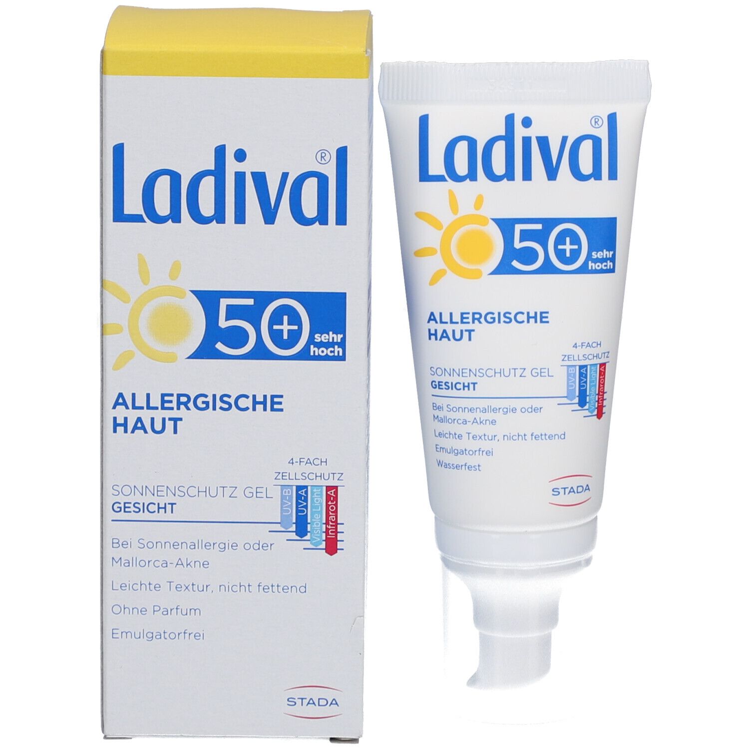 Ladival Sonnenschutz Gel Gesicht LSF 50+ und Verpackung. Gel und Karton nebeneinander.