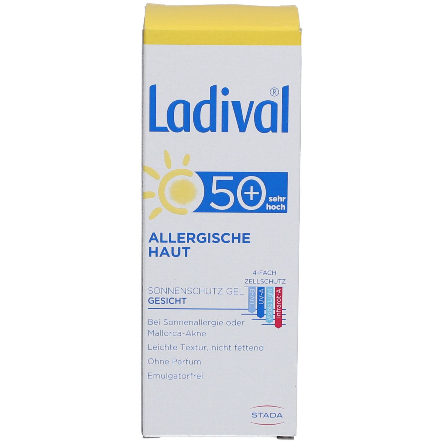 Kartonverpackung für Ladival Sonnenschutz Gel Gesicht LSF 50+. Gel für allergische Haut.