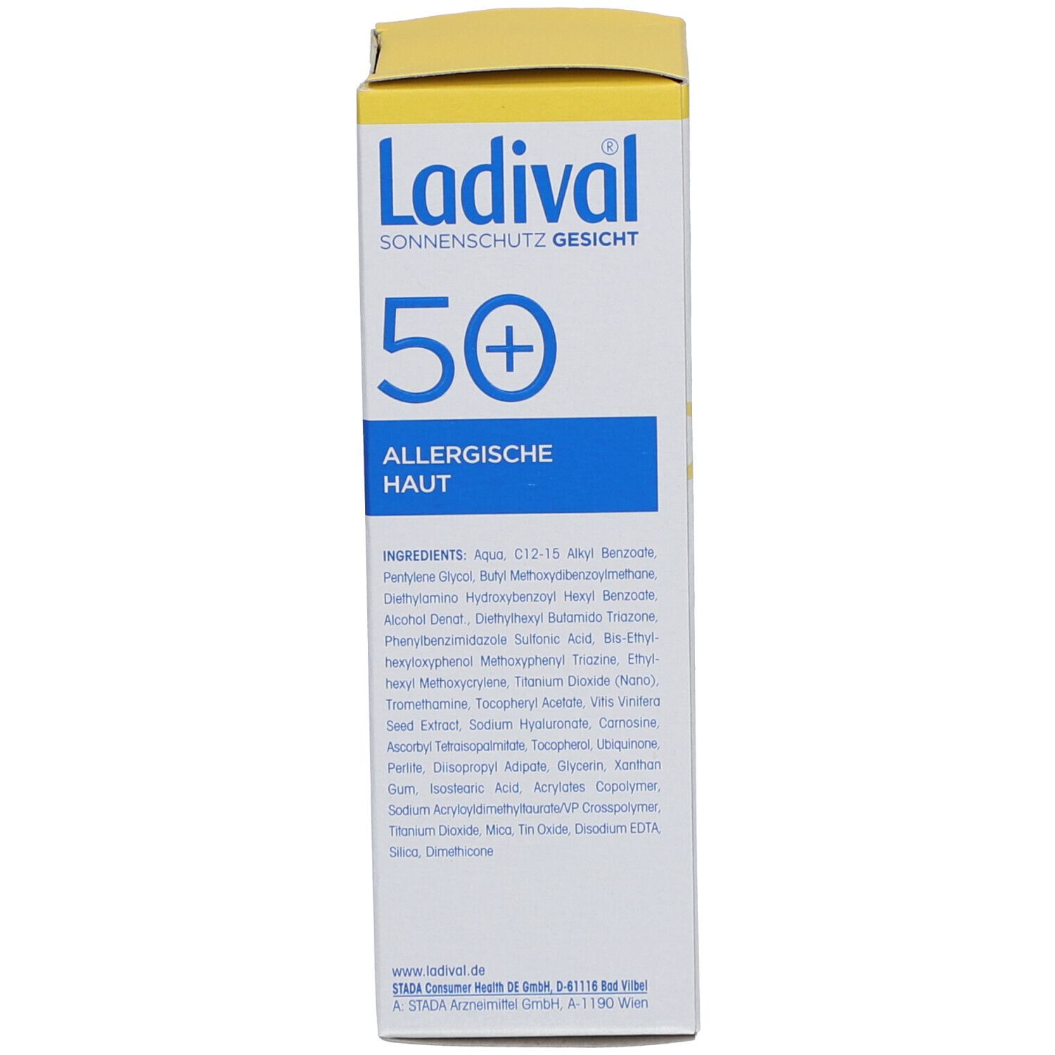 Rückseite der Kartonverpackung. Inhaltsstoffe des Gels. Marke Ladival.