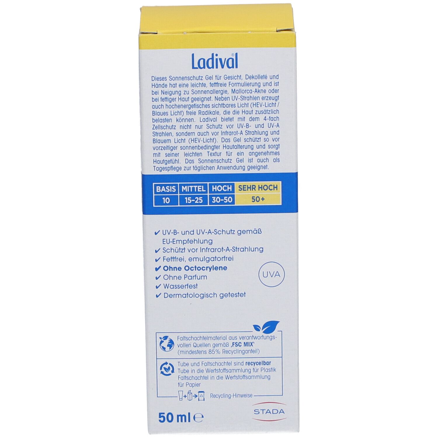 Rückseite der Kartonverpackung. Text mit Produktinformationen, 50ml. Marke Ladival.