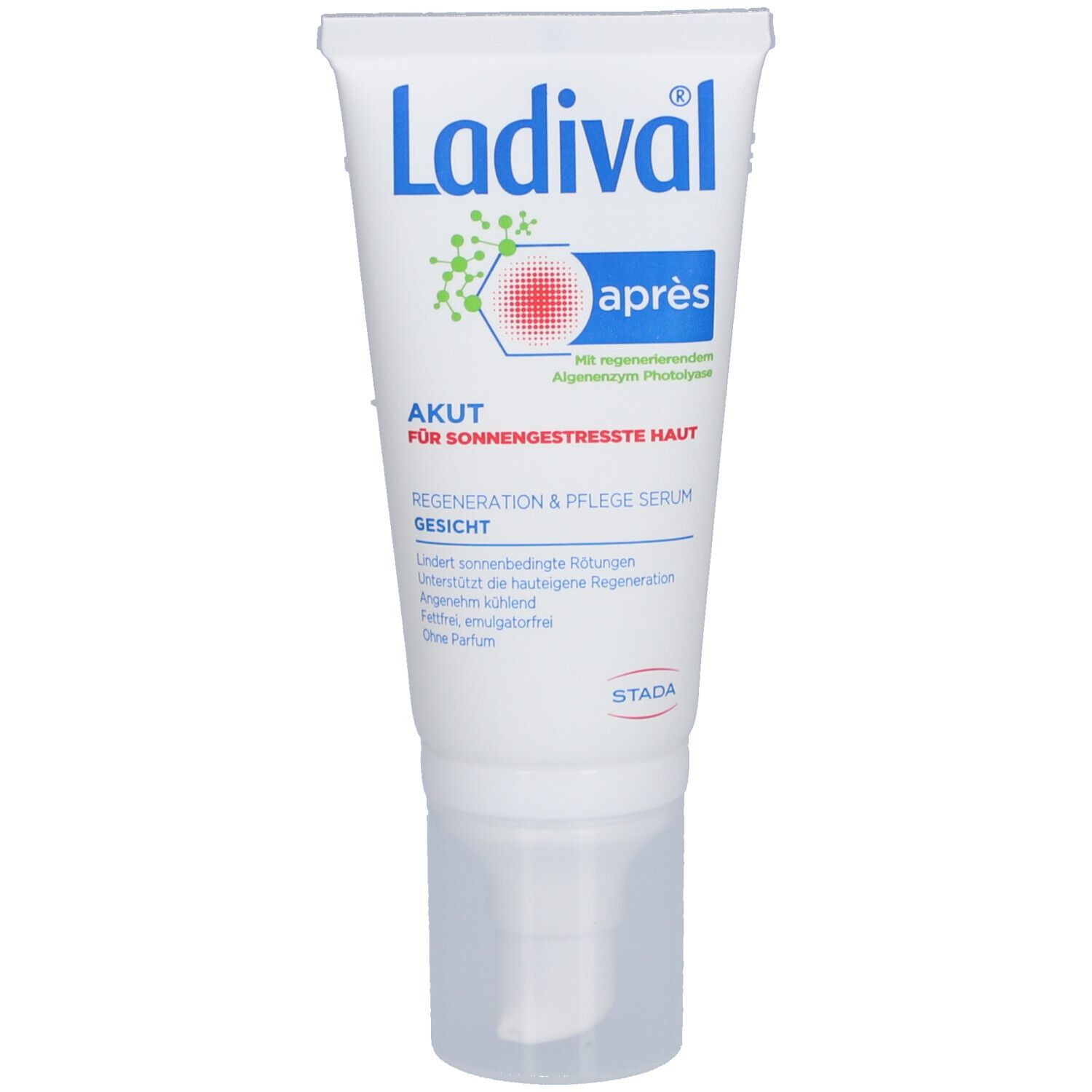 Weiße Tube mit blauem und rotem Aufdruck. Enthält Serum für sonnengestresste Haut. Marke: Ladival.