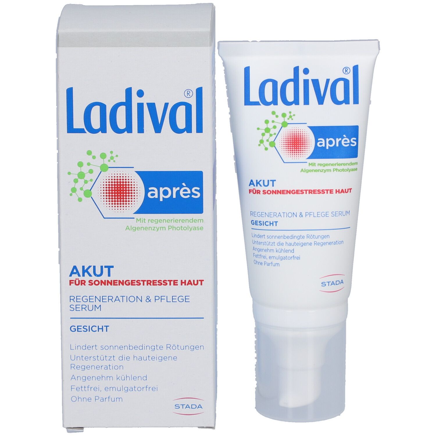 Produktverpackung mit Tube und Karton. Beide zeigen das Produkt und die Marke Ladival. Text in Deutsch.