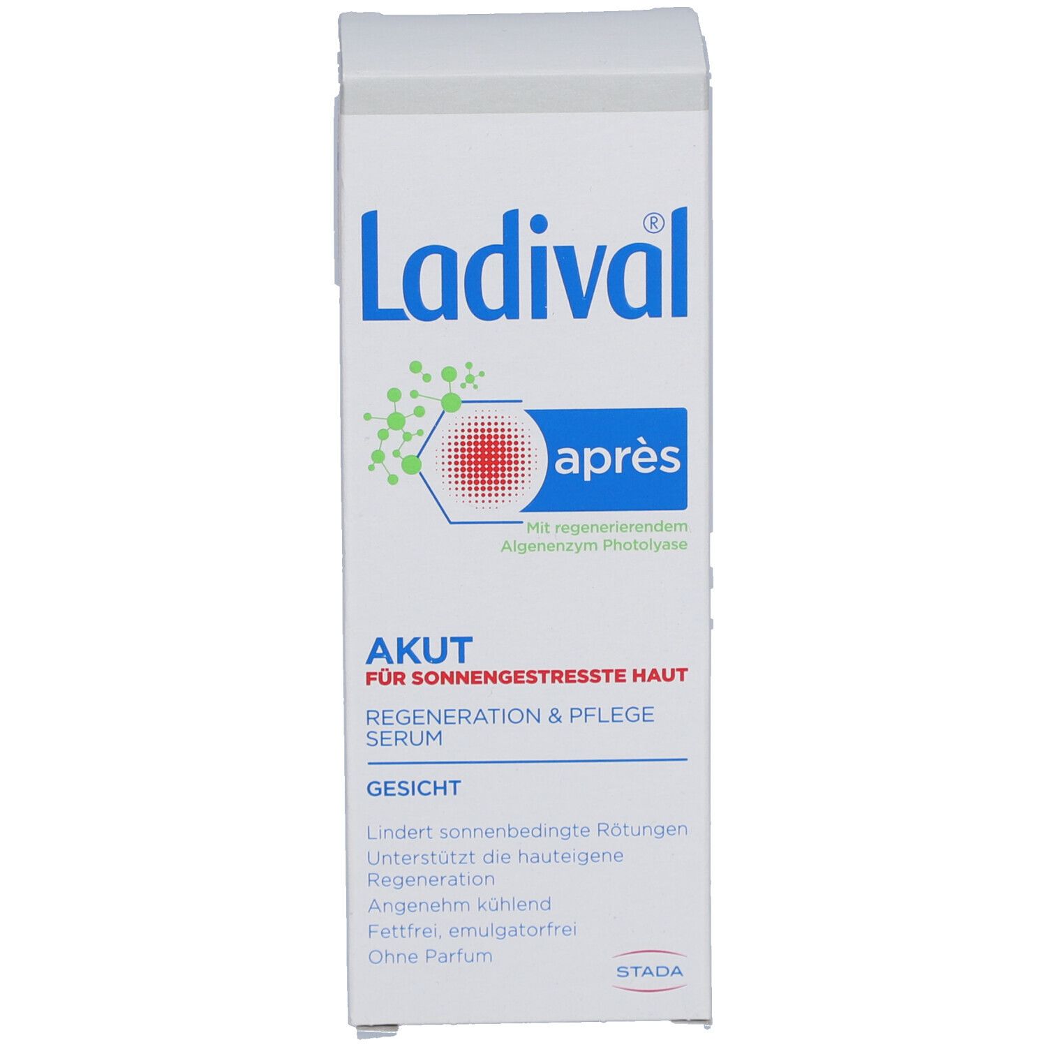 Weiße Produktverpackung mit blauem und rotem Aufdruck. Enthält Informationen über das Produkt. Marke: Ladival.