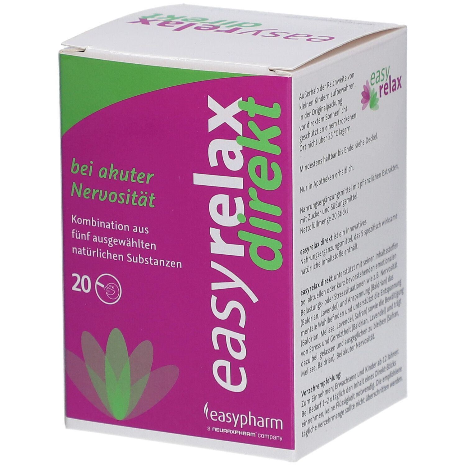Karton mit "easyrelax direkt". Grün-weiße Verpackung mit Produktinformationen und 20 Sticks. easpharm Logo.