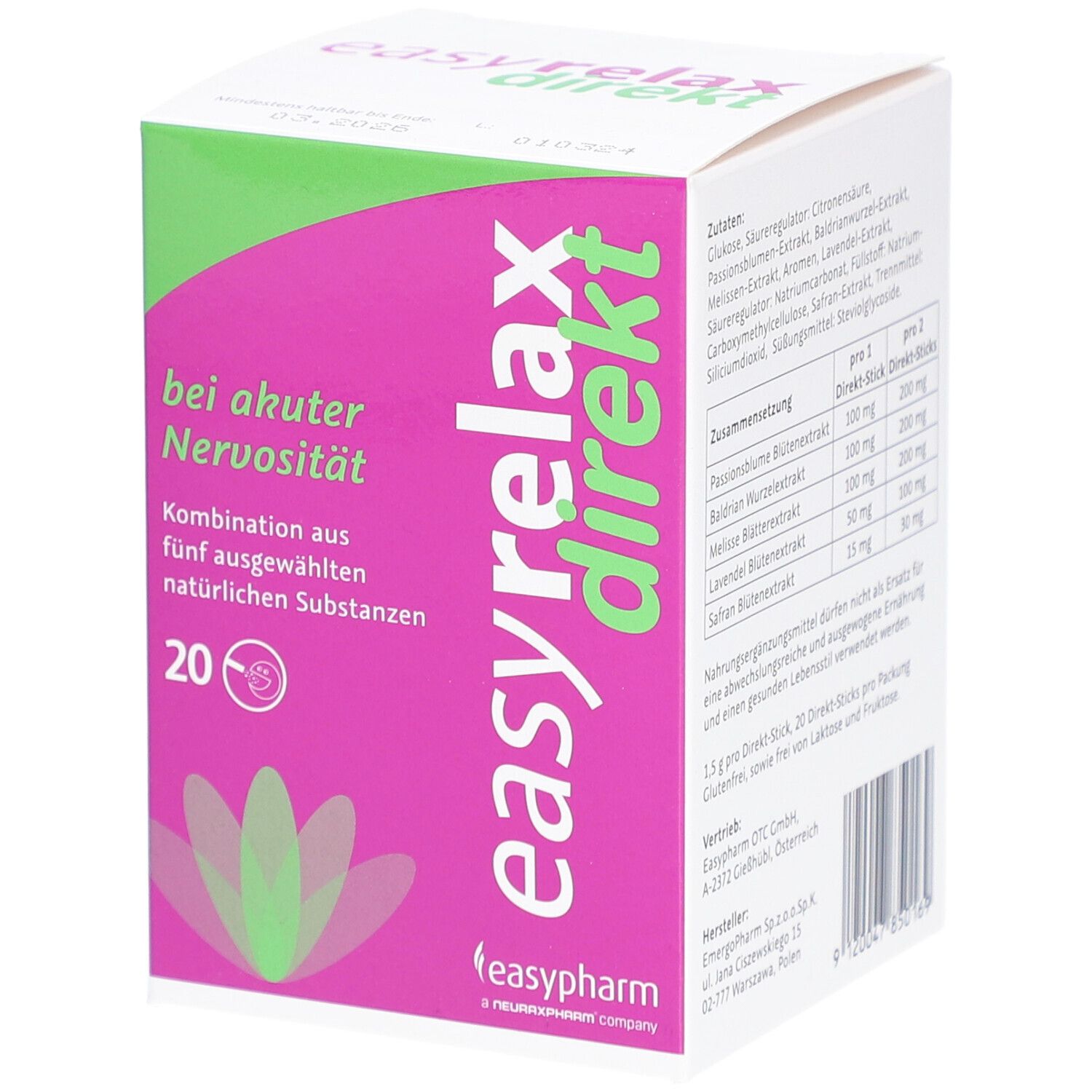 Verpackung von "easyrelax direkt". Pink-grüne Farbgebung. Produktname, 20 Sticks, und Produktinformationen.