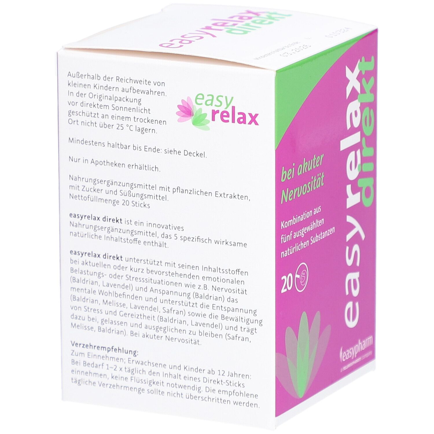 Verpackung von "easyrelax direkt". Pink-grüne Farbgebung. Produktname, 20 Sticks, und Produktinformationen.