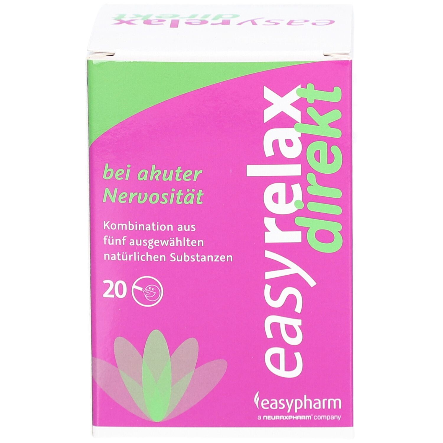Pinke Verpackung von "easyrelax direkt". Produktname, Text "bei akuter Nervosität", und 20 Sticks.