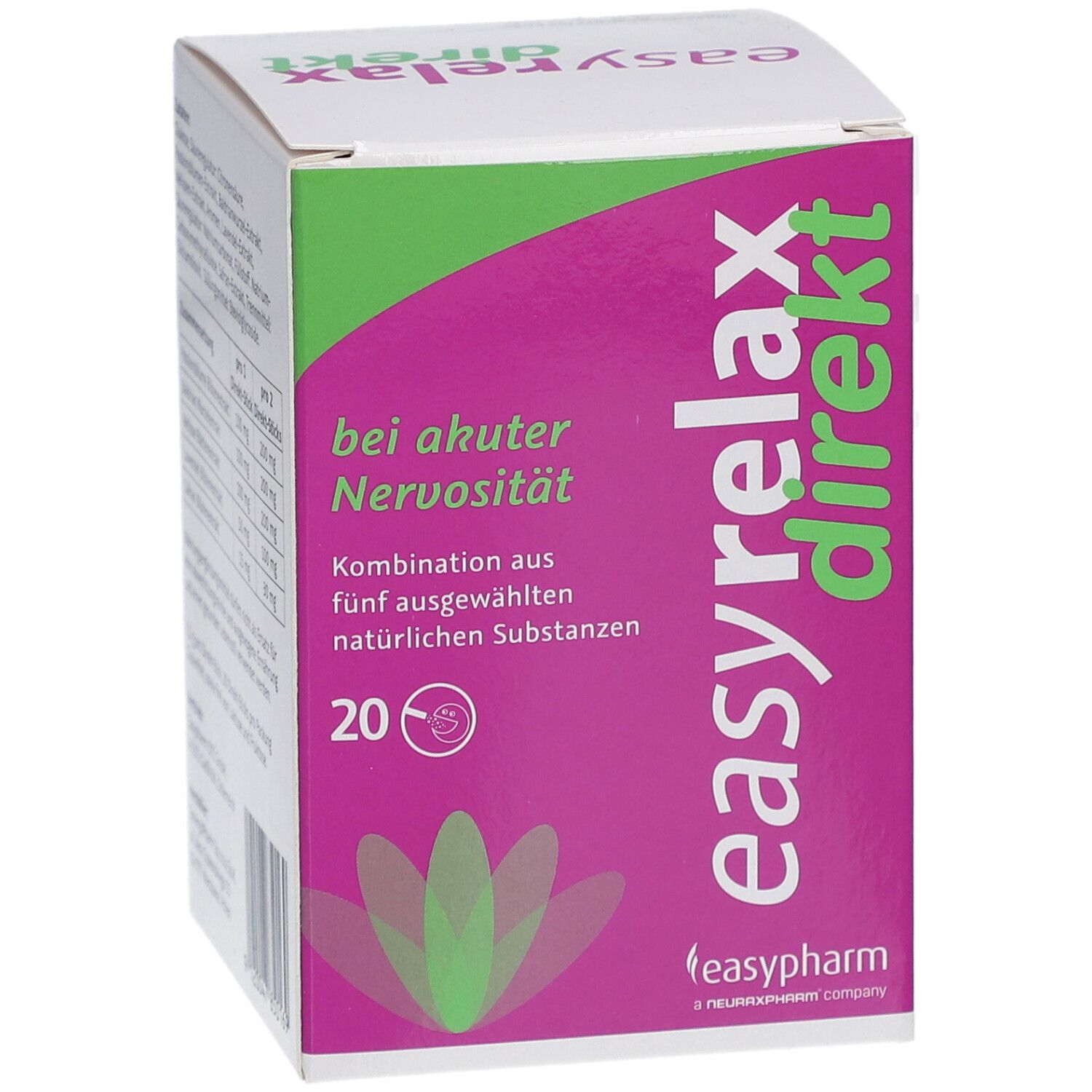 Pinke Verpackung von "easyrelax direkt". Produktname, Text "bei akuter Nervosität", und 20 Sticks.