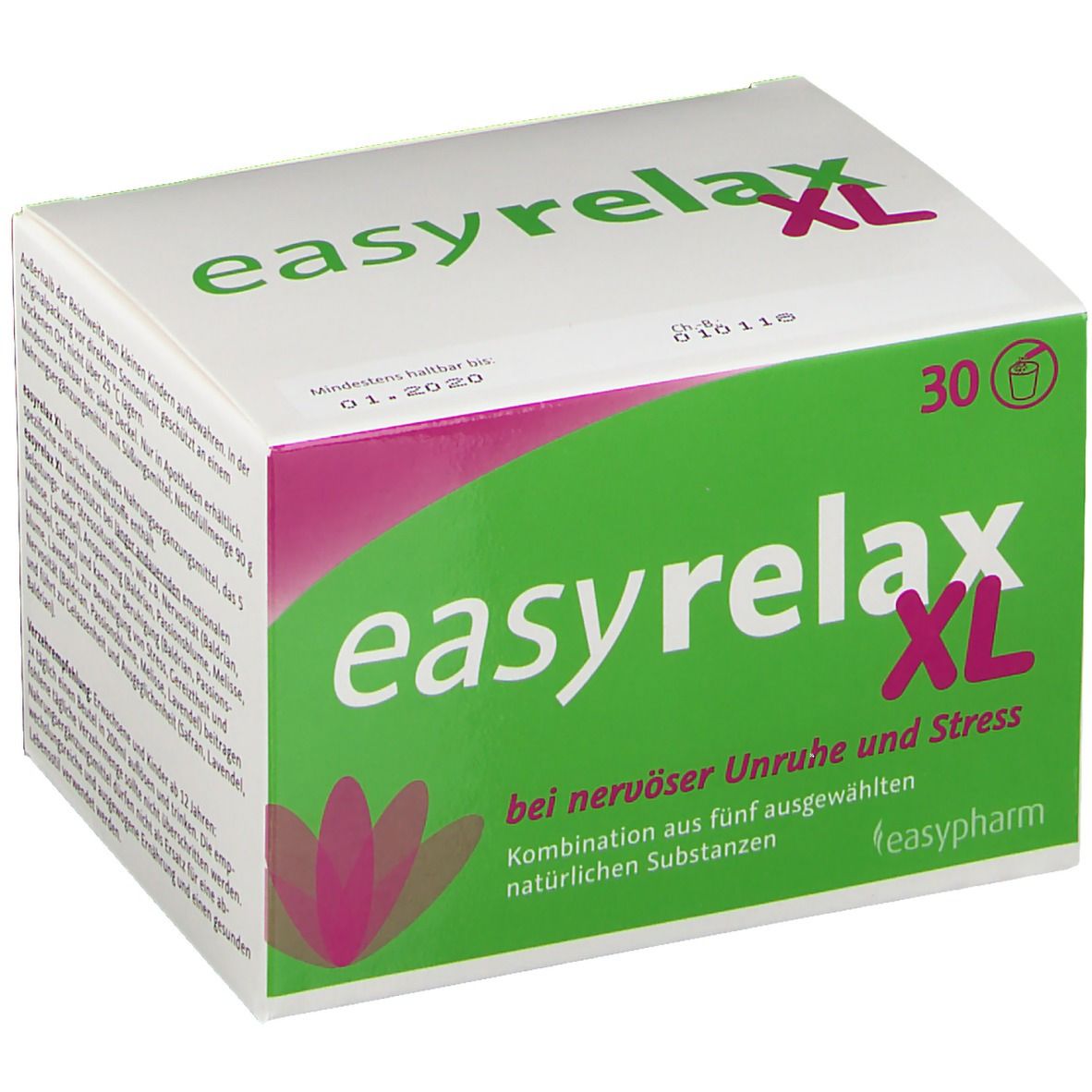 Weiße Schachtel mit grünem und pinkfarbenem Design. Aufschrift: easyrelax XL. Enthält 30 Beutel. Text: bei nervöser Unruhe und Stress.