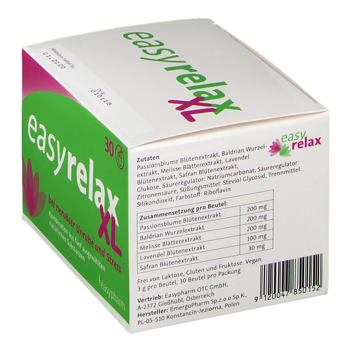 Rückseite der weißen Schachtel. Enthält Informationen zu Inhaltsstoffen und Nährwertangaben. Aufschrift: easyrelax XL. 30 Beutel.