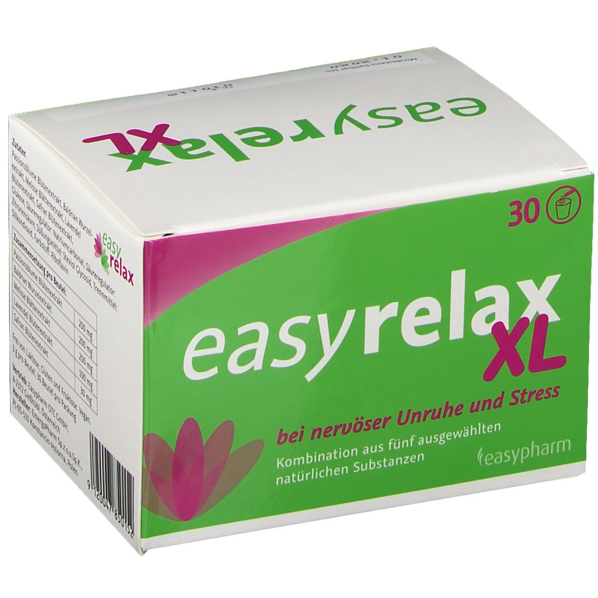 Weiße Schachtel mit grünem und pinkfarbenem Design. Aufschrift: easyrelax XL. Enthält 30 Beutel. Text: bei nervöser Unruhe und Stress.