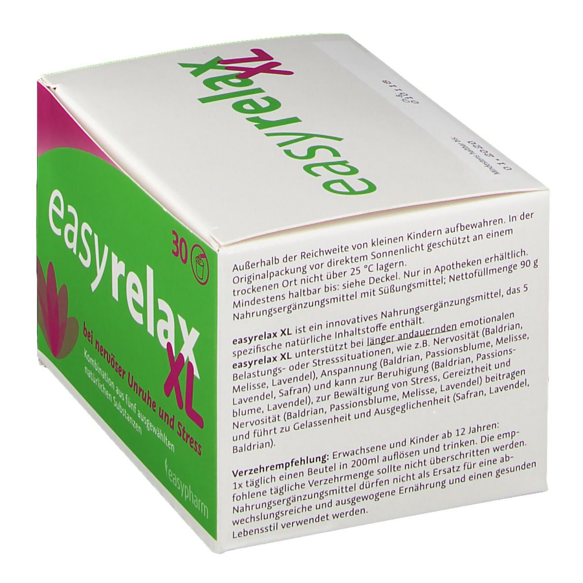 Weiße Schachtel mit grünem und pinkfarbenem Design. Aufschrift: easyrelax XL. Enthält 30 Beutel. Text: bei nervöser Unruhe und Stress.