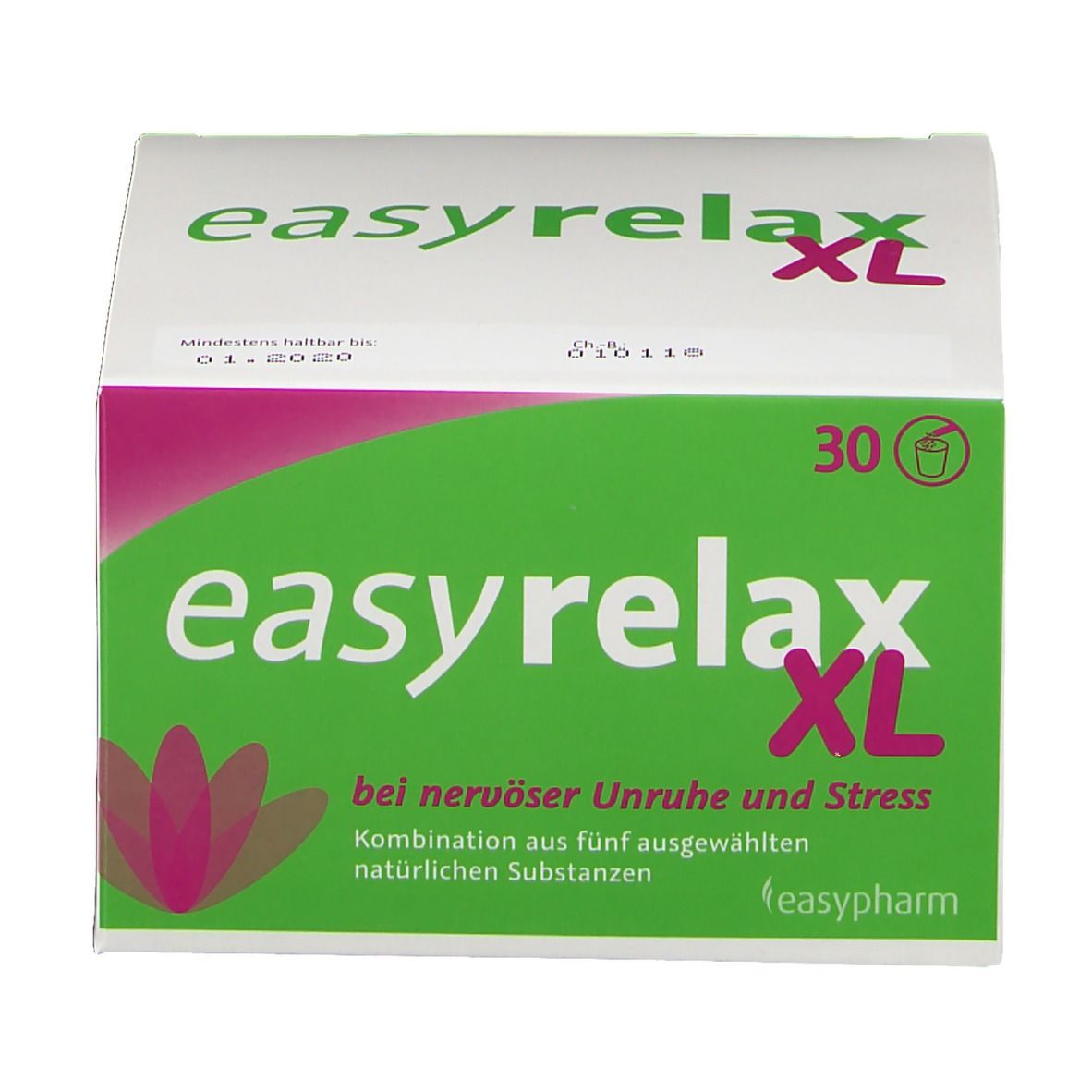 Weiße Schachtel mit grünem und pinkfarbenem Design. Aufschrift: easyrelax XL. Enthält 30 Beutel. Text: bei nervöser Unruhe und Stress.