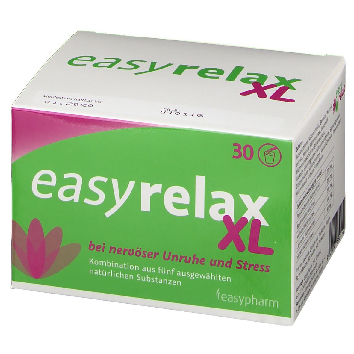 Weiße Schachtel mit grünem und pinkfarbenem Design. Aufschrift: easyrelax XL. Enthält 30 Beutel. Text: bei nervöser Unruhe und Stress.