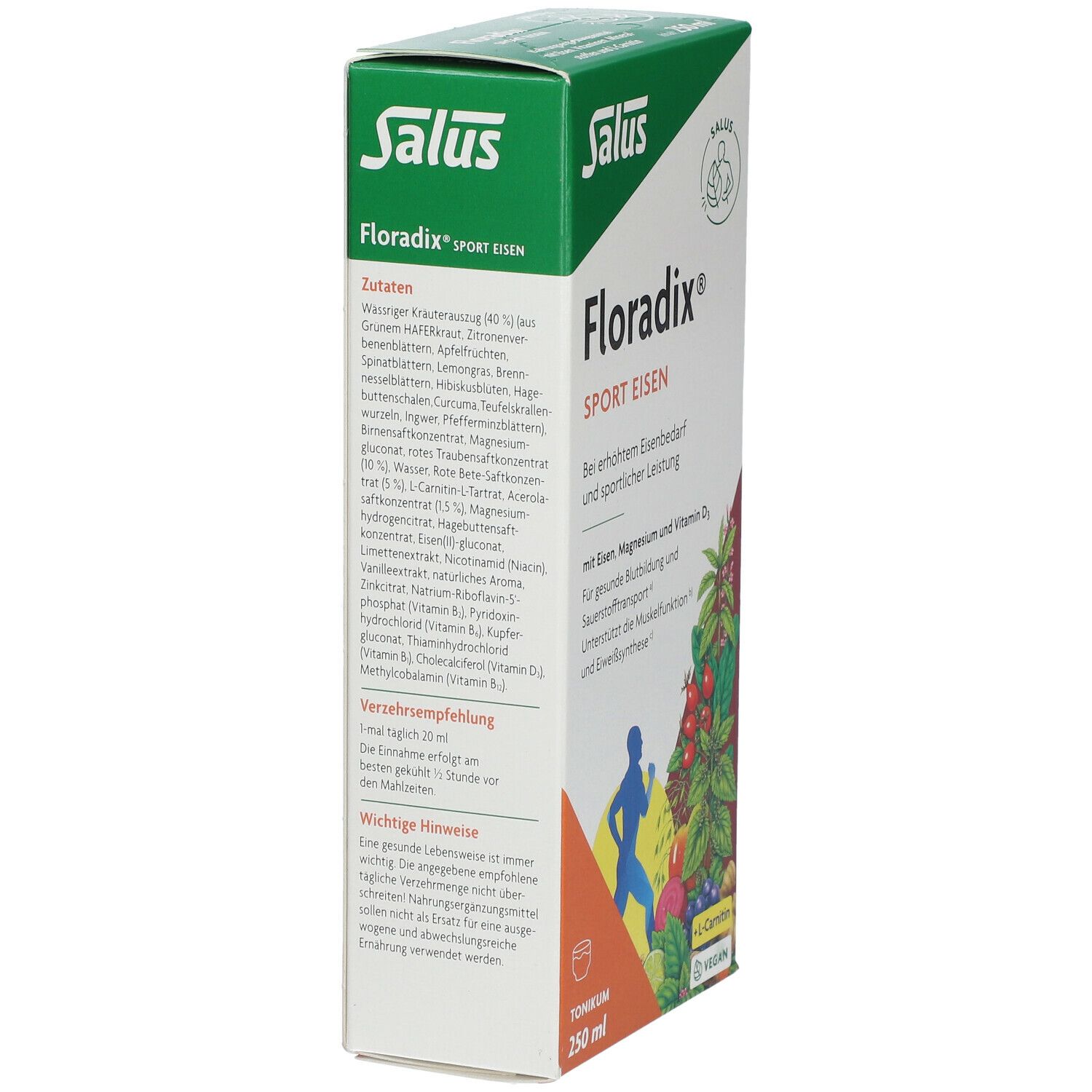 Floradix® Sport Eisen Verpackung. Seitenansicht mit Zutatenliste und Produktinformationen. Grün-weiße Schachtel.
