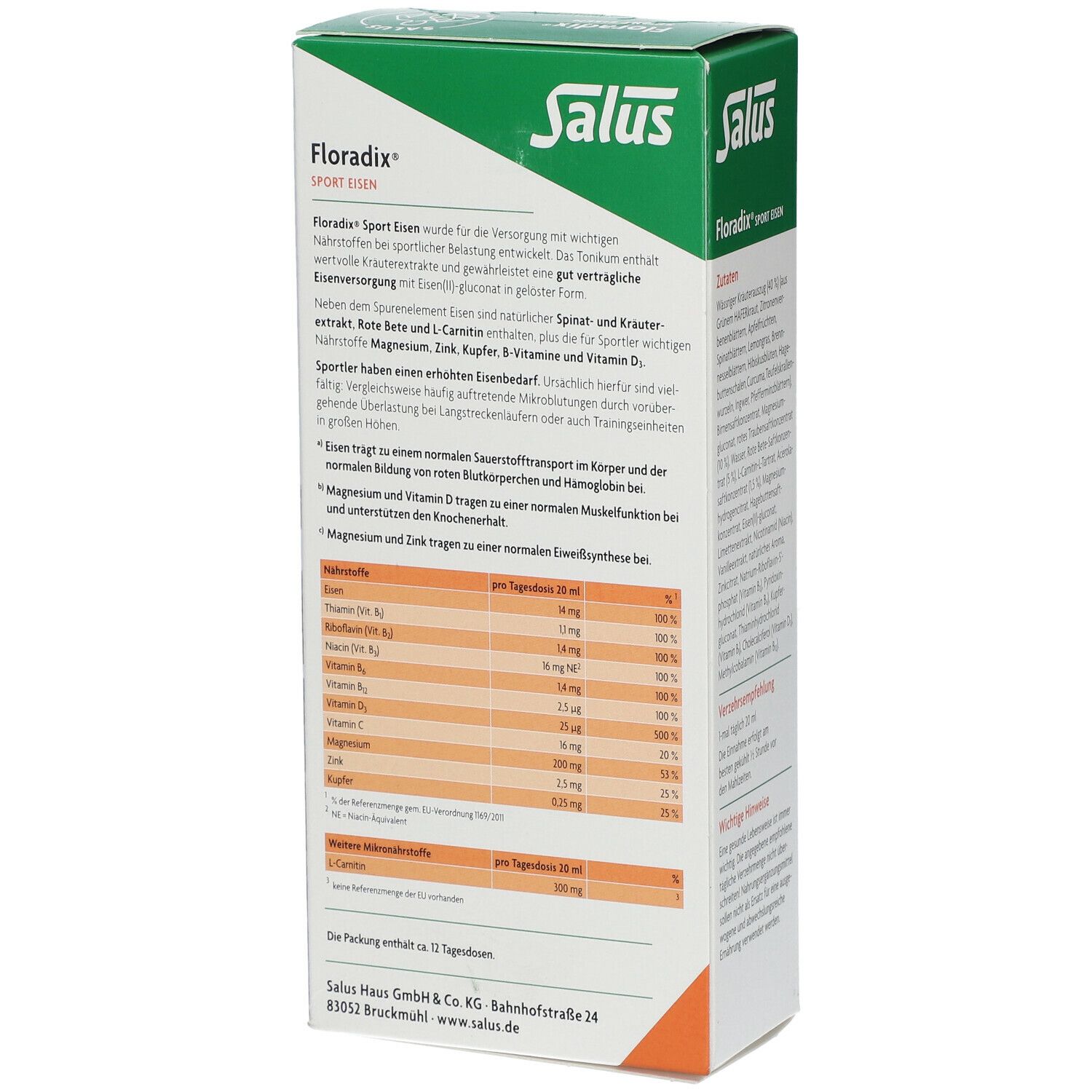 Rückseite der Floradix® Sport Eisen Verpackung. Enthält Nährwertangaben und weitere Produktinformationen. Grün-weiße Schachtel.