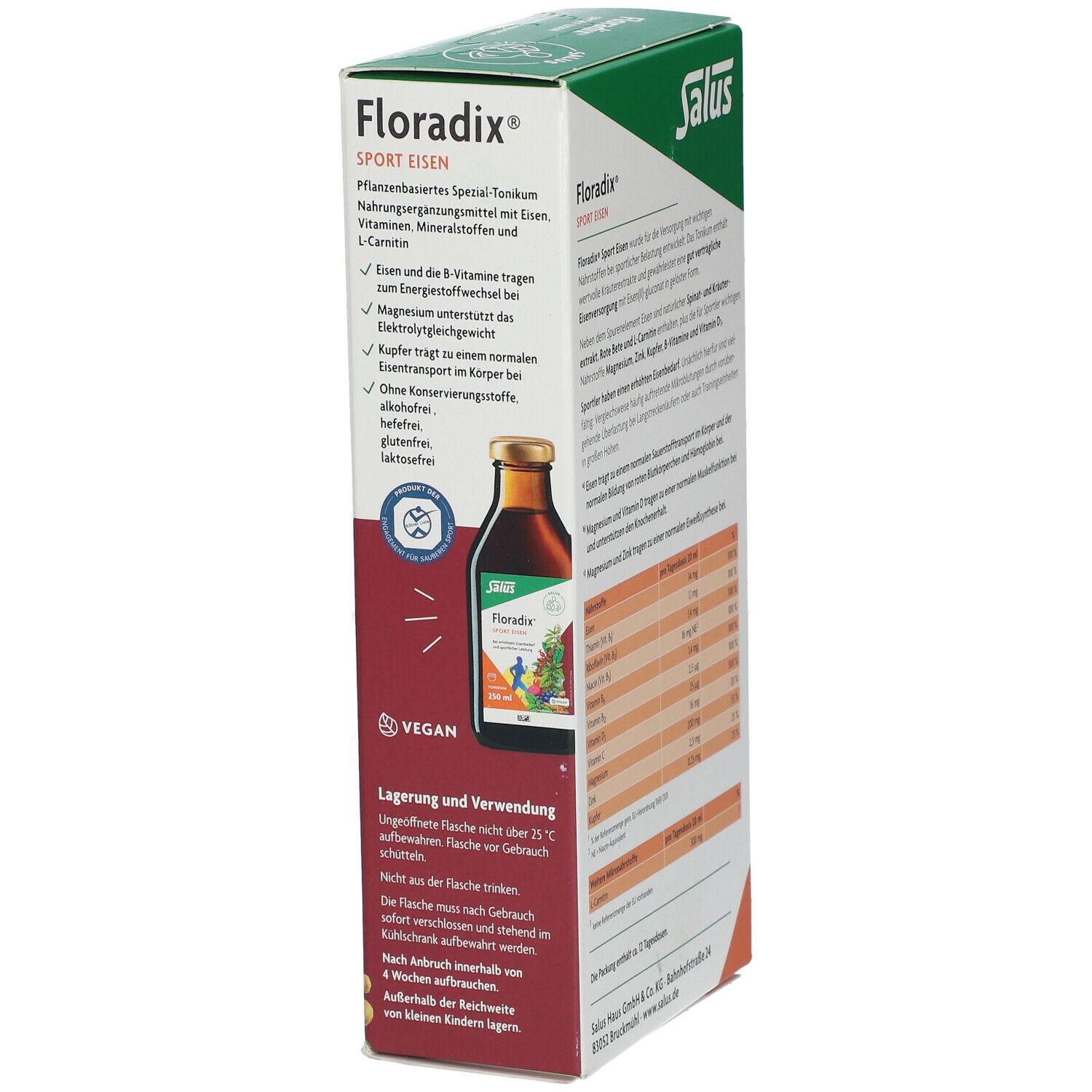 Floradix® Sport Eisen Verpackung. Seitenansicht mit Produktabbildung und Informationen. Grün-weiße Schachtel.