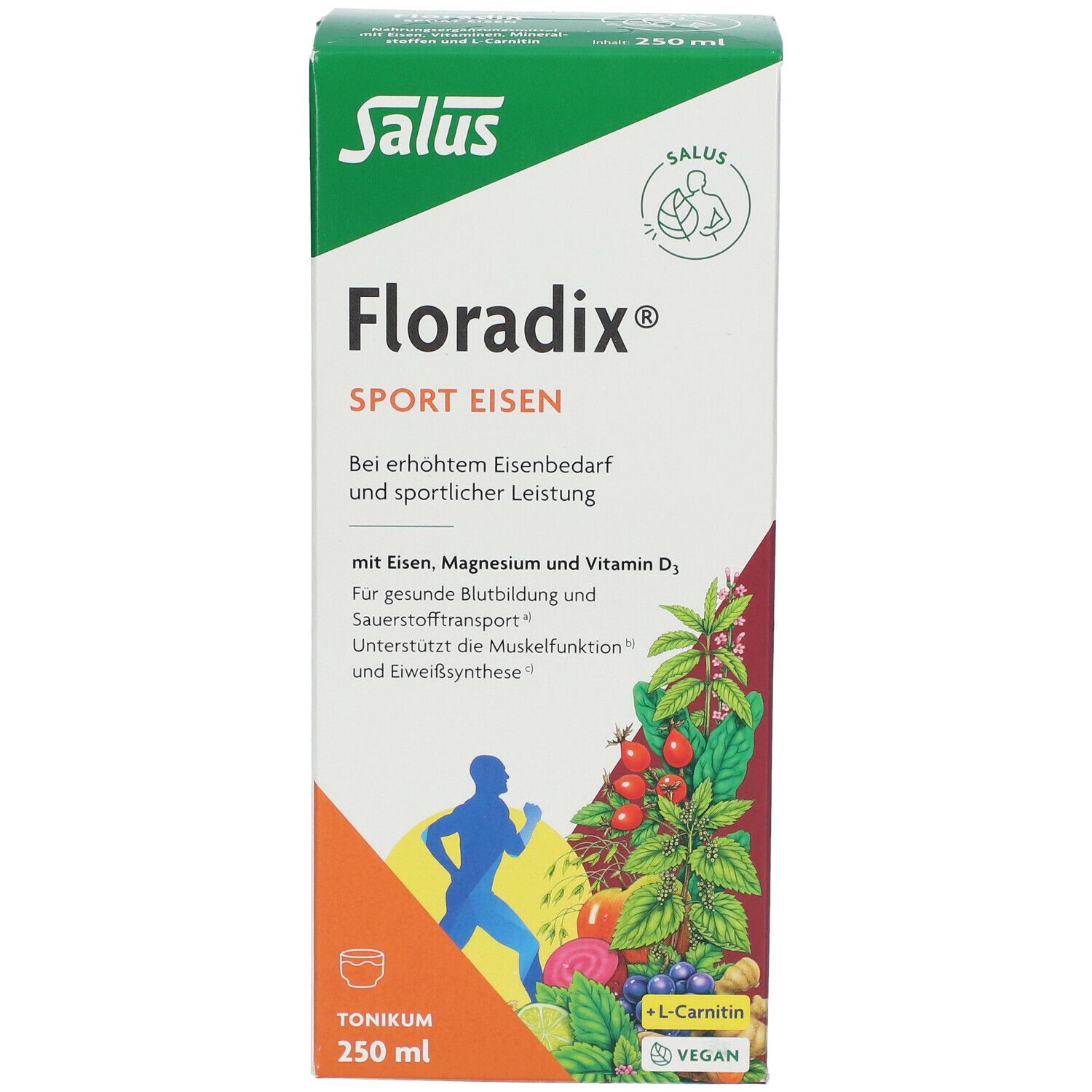 Floradix® Sport Eisen Verpackung. Vorderansicht mit Produktnamen und Informationen. Grün-weiße Schachtel mit Abbildung.