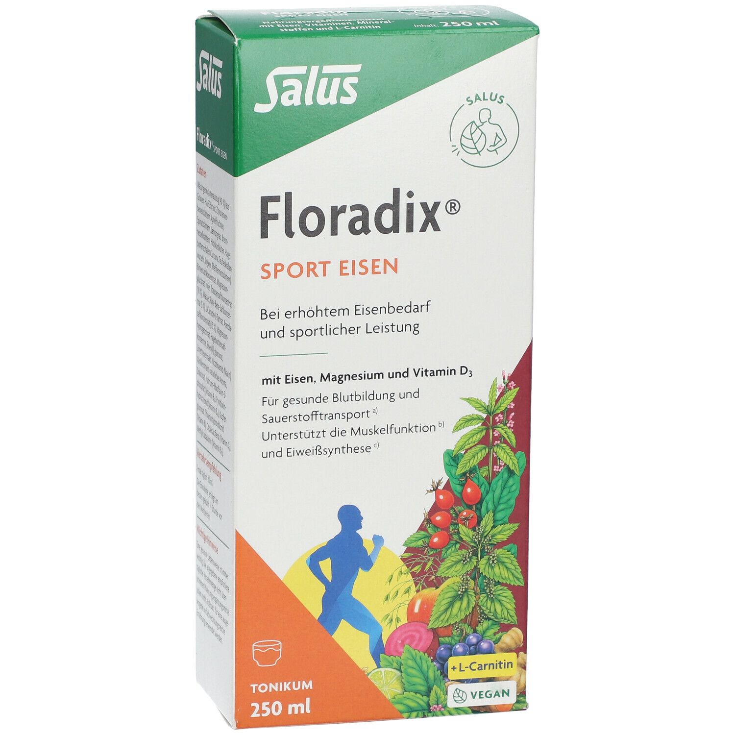 Floradix® Sport Eisen Verpackung. Vorderansicht mit Produktnamen und Informationen. Grün-weiße Schachtel.