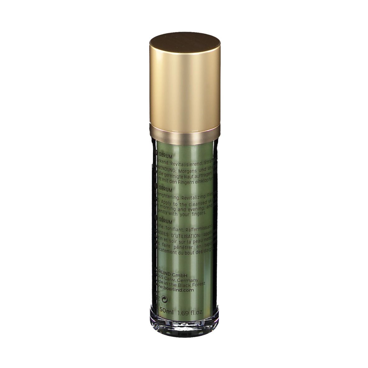 Grüne Serumflasche mit goldfarbenem Deckel. Rückseite mit Text. Aufschrift: 50 ml / 1.69 fl oz.
