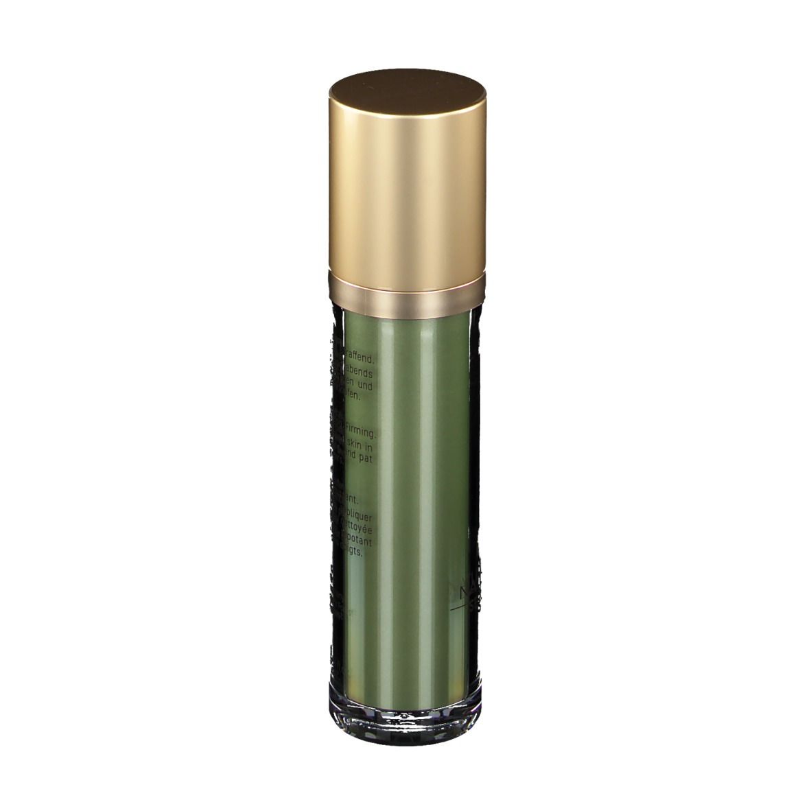 Grüne Serumflasche mit goldfarbenem Deckel. Rückseite mit Text.