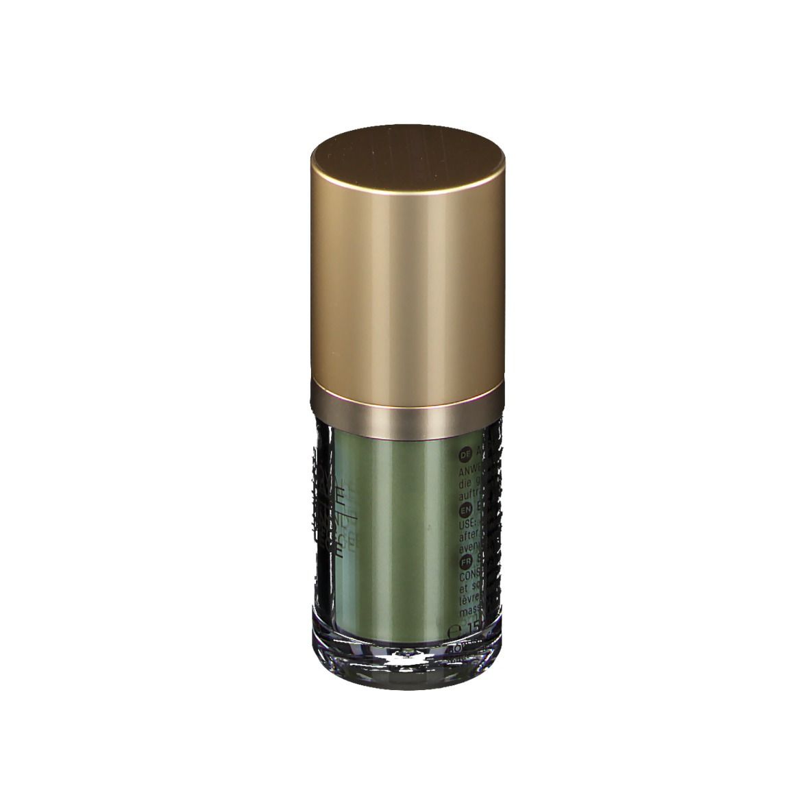 Flakon für Augen- und Lippenpflege mit goldfarbenem Deckel. Grüne Flüssigkeit sichtbar. Text auf dem Etikett.