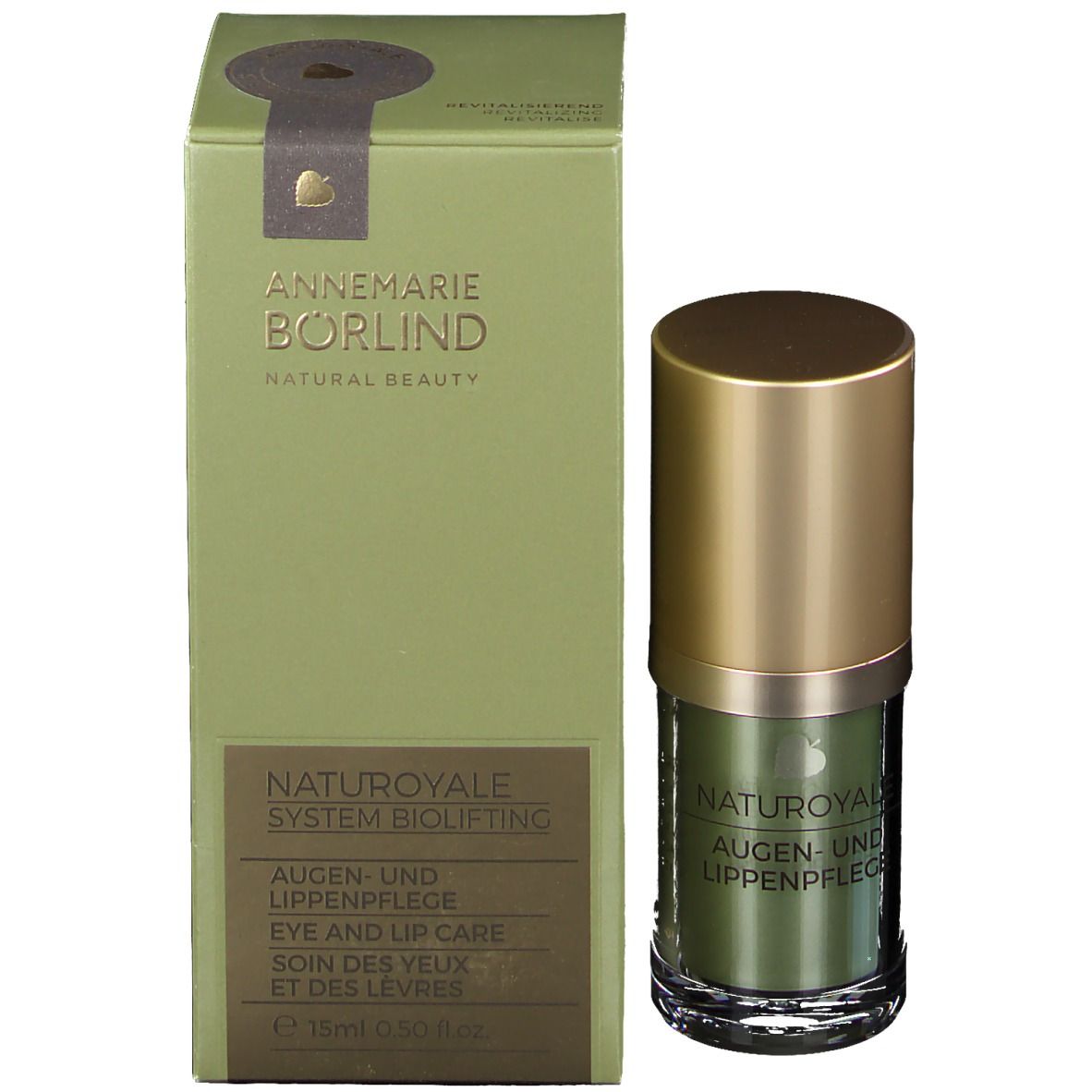 Produktverpackung und Flakon. Aufschrift: ANNEMARIE BÖRLIND NATURAL BEAUTY. NATUROYALE SYSTEM BIOLIFTING.