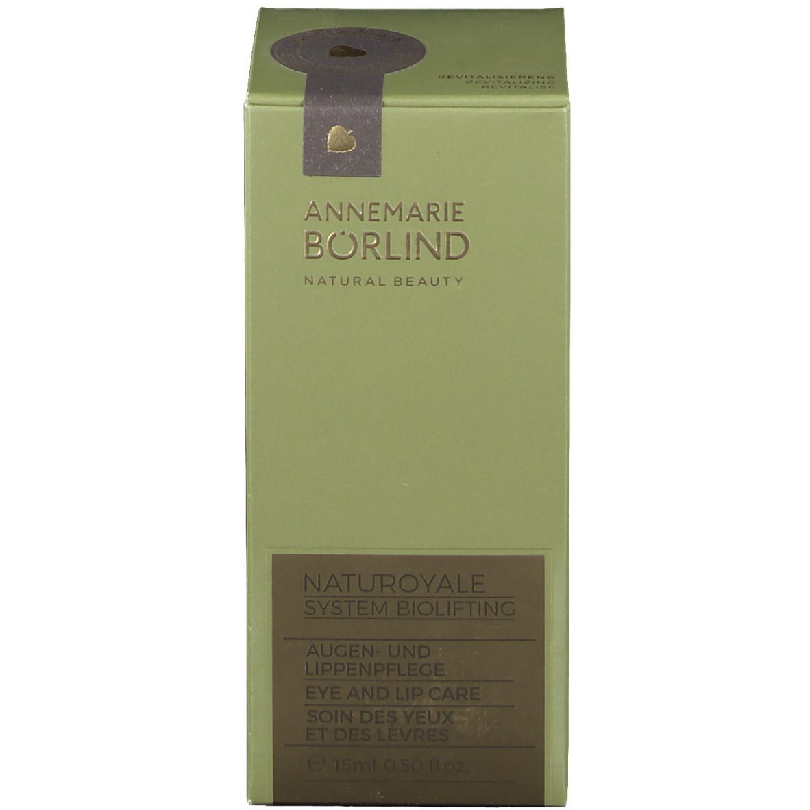Produktverpackung. Aufschrift: ANNEMARIE BÖRLIND NATURAL BEAUTY. NATUROYALE SYSTEM BIOLIFTING. Augen- und Lippenpflege.
