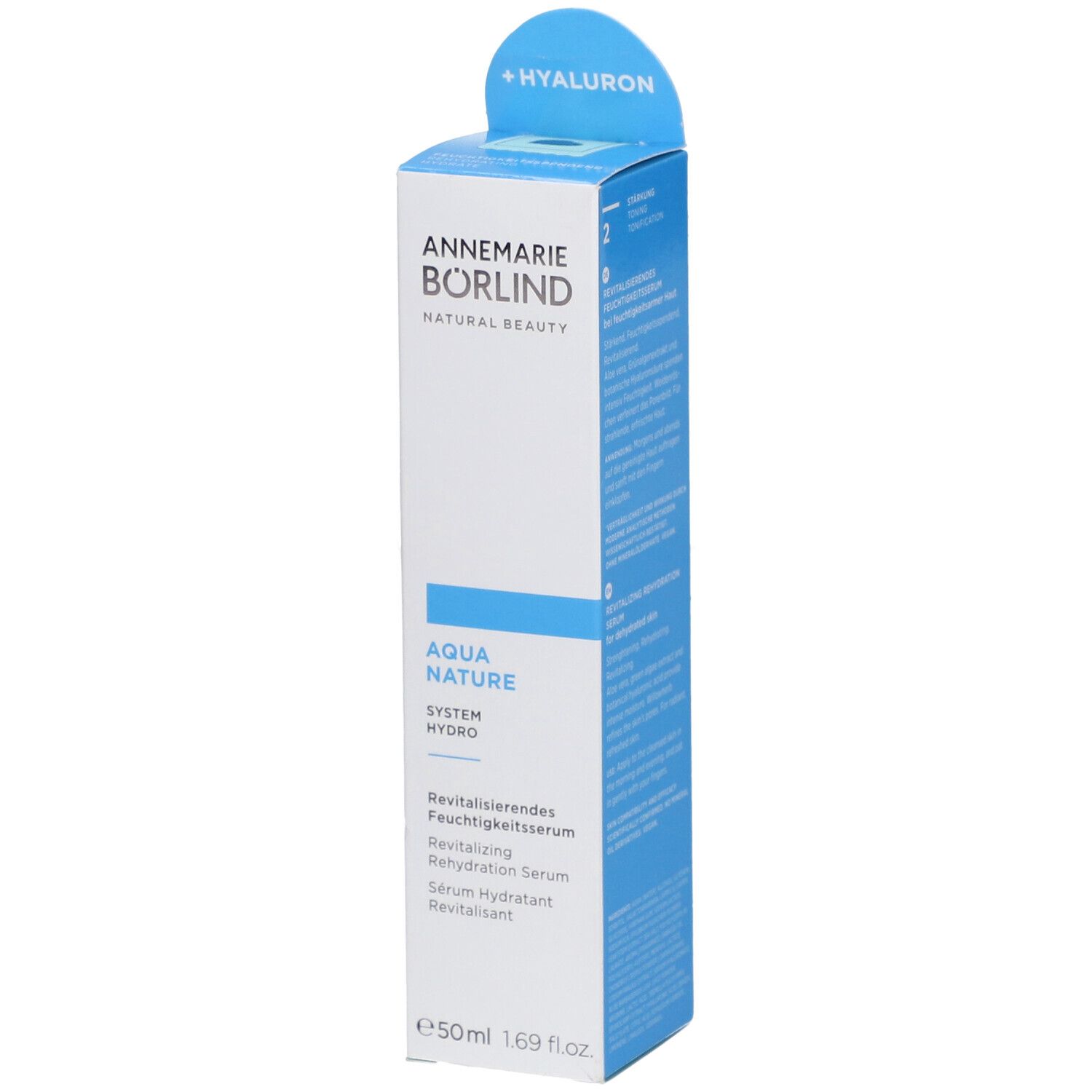 Verpackung des AQUA NATURE Feuchtigkeitsserums. Marke: Annemarie Börlind. Weiß, blau. Mit Hyaluron-Hinweis.