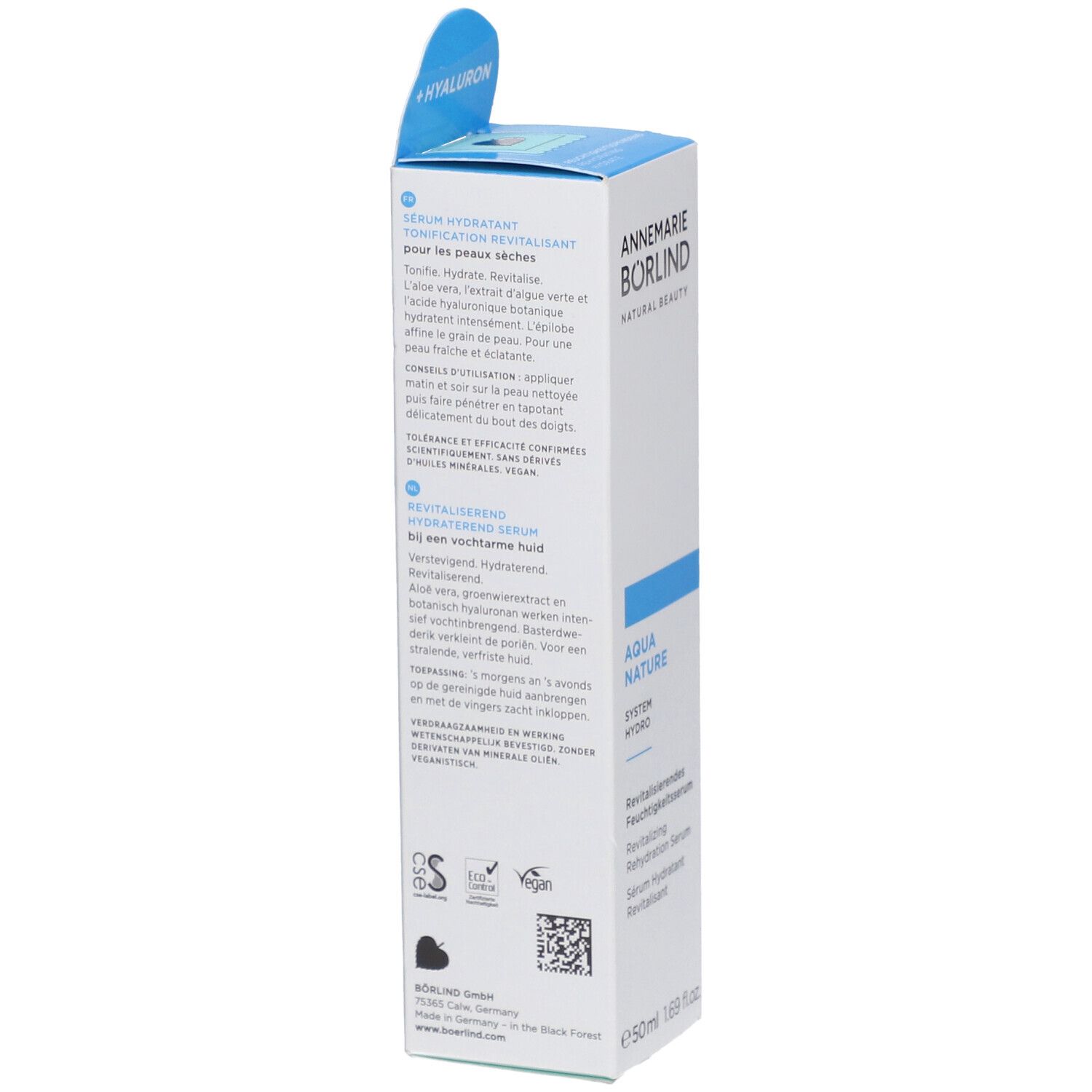 Rückseite der Verpackung des AQUA NATURE Serums. Text in Deutsch, Französisch und Niederländisch. Mit Logos.