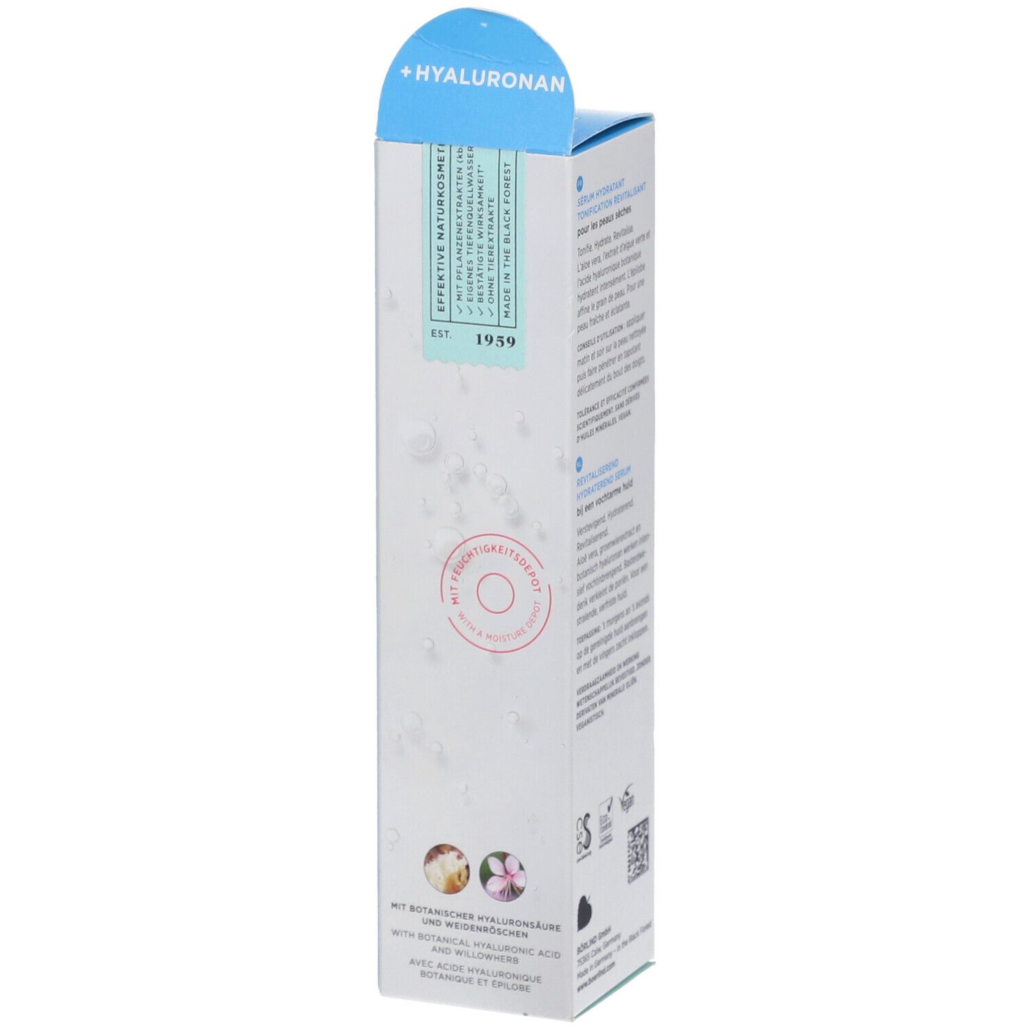 Seite der Verpackung des AQUA NATURE Serums. Text und Logos. Mit floralen Illustrationen und QR-Code.