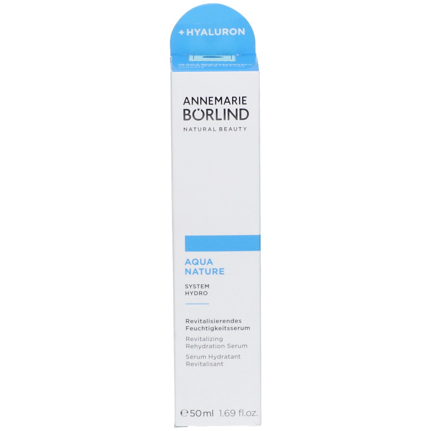 Vorderseite der Verpackung des AQUA NATURE Serums. Marke: Annemarie Börlind. Weiß, blau. Mit Hyaluron-Hinweis.